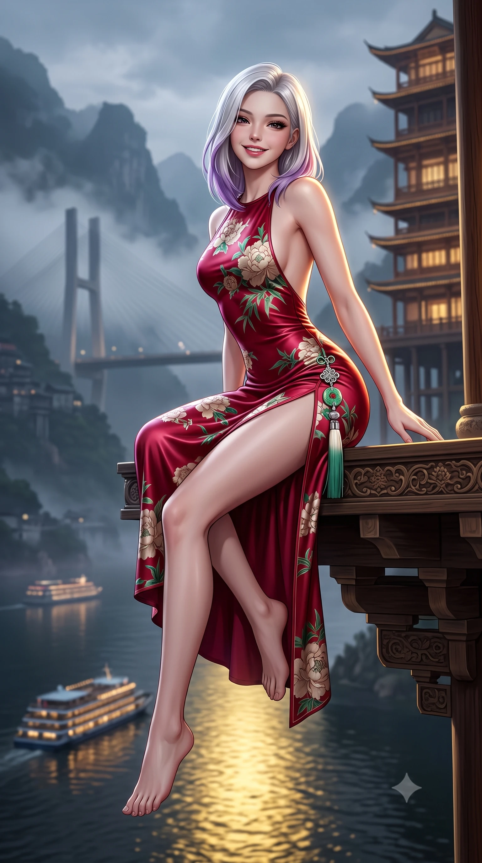 score_9, masterpiece, best quality, ultra-detailed, high-budget anime keyframe, semi-realistic 3D game render, editorial fashion photography, tasteful artistic composition, Caucasian woman. low angle full-body shot from head to toe showing her feet, filling the entire 9:16 vertical frame with her statuesque presence, stretching her vertical silhouette. sitting perched on the elevated pavilion terrace edge with legs crossed and hips angled toward the camera, displaying her toned midriff and long slender limbs with joyful, coquettish charm while standing poised on a multi-tiered wooden cliffside balcony, arching her back with breathtaking glamour as the glowing 11-story stilt palace shines. The background shows a soft-focus passing illuminated river cruise ships and misty bridge towers softened in dramatic mountain-city shallow focus. She has an absolutely perfect, statuesque 8.5-heads proportion, an exceptionally tall and slender model-like female figure with impossibly long slender legs, an ultra-slim waist, a flat toned midriff, narrow delicate ribcage, and beautifully sculpted feminine hips creating a graceful, slim hourglass silhouette without any bulky heaviness. sharp v-shaped jawline, high-bridge nose, intricate jewel-like dark sparkling almond eyes with depth, thick lashes, glossy parted lips with a natural rose-plum sheen, bright alluring and coquettish smile with bedroom-eyes, exuding both timeless oriental elegance and sovereign high-fashion allure, flawlessly proportioned anatomical accuracy, strict slender model proportions, natural body alignment, perfectly sculpted long slender limbs, ultra-slim waistline, clean dynamic posture without body distortion. wearing a backless crimson silk slip dress with oriental peony jacquard and a side hip slit ascending to the high waist in fresh bamboo emerald and soft oatmeal cream, crafted from heavy fluid silk satin with a liquid mirror-like sheen, finished with an ornate modern norigae tassel with polished jade and chrome charms resting on her curvy hips, the glove-like silhouette tightly following the natural contour of her hips and long slender legs with youthful 8.5-heads elegance. illuminated by dark river surface reflection bounce and sharp gold rim lighting sculpting her razor-sharp jawline, narrow waist, and curvy hips. highly saturated vibrant anime colors, detailed shading with soft gradients, rich glossy textures, high-contrast stereoscopic depth, volumetric dynamic lighting, master piece, 9:16 ratio