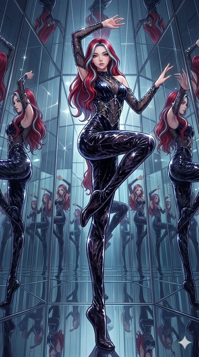 score_9, masterpiece, best quality, ultra-detailed, High-budget Anime Keyframe, East Asian woman. Dynamic full-body shot stretching the vertical silhouette to the limit. Scenario 116: Suspended by invisible silk threads in a hall of mirrors. Her pres