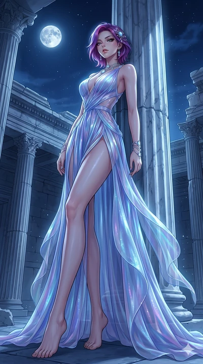 score_9, masterpiece, best quality, ultra-detailed, High-budget Anime Keyframe, East Asian woman. Low angle cowboy shot filling the entire 9:16 frame with her statuesque presence. Scenario 103: Leaning against a cold marble pillar in a moonlit greek 