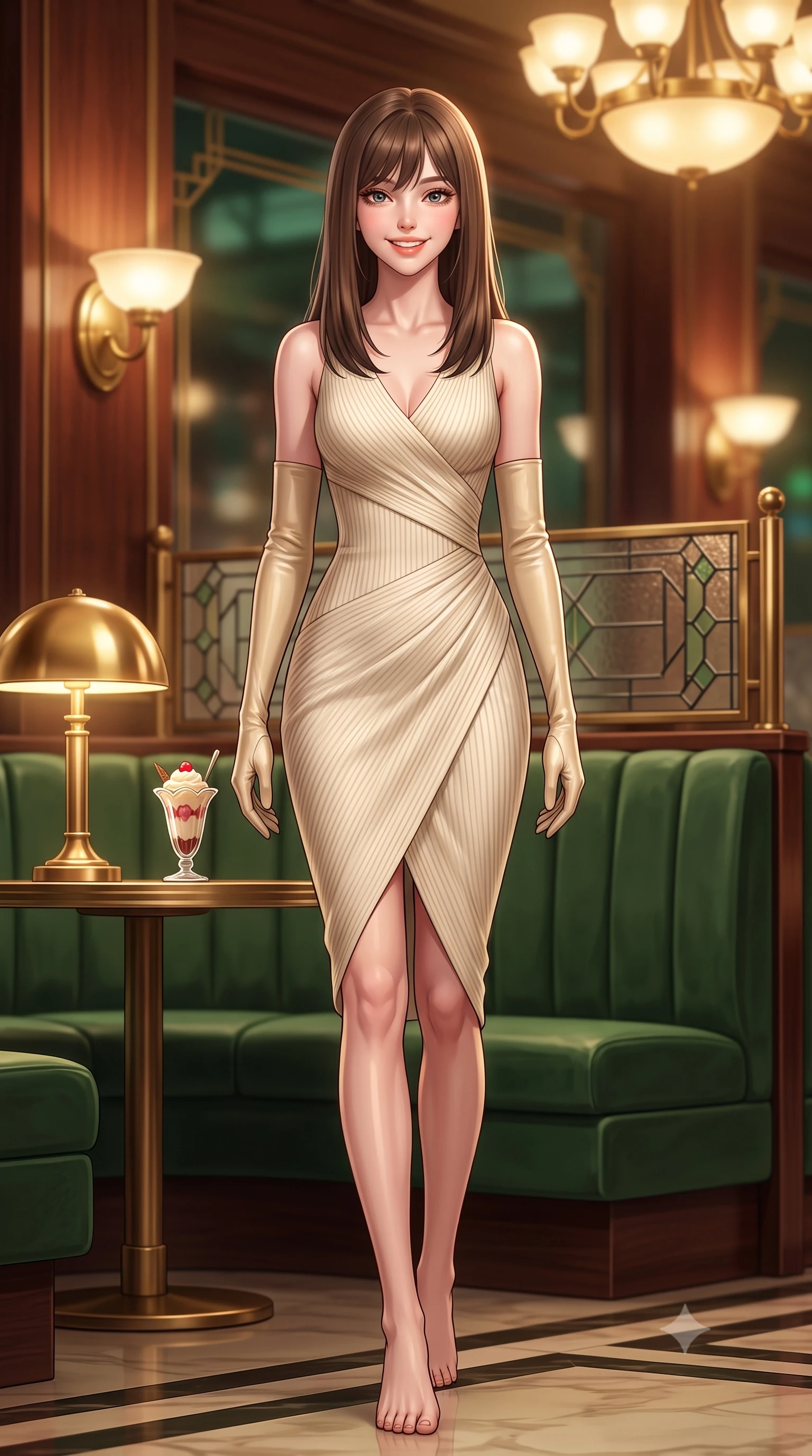 score_9, masterpiece, best quality, ultra-detailed, high-budget anime keyframe, semi-realistic 3D game render, editorial fashion photography, tasteful artistic composition, Korean woman. low angle full-body shot from head to toe showing her feet, filling the entire 9:16 vertical frame with her statuesque presence, stretching her vertical silhouette. stepping forward gracefully in mid-motion with a radiant beaming smile, hips swaying with supermodel rhythm as her vertical silhouette fills the frame while sitting poised in a curved forest green velvet booth beside a polished brass lamp, smiling cheerfully over a vintage parfait glass. The background shows a soft-focus curved brass Art Deco light sconces, geometric leaded glass screens, and polished rosewood walls blurred into emerald, brass, and rosewood bokeh. She has an exceptionally tall and slender model-like 8.5-heads proportion, an ultra-slim waist, a flat toned midriff, narrow delicate ribcage, and beautifully sculpted feminine hips creating a graceful, slim hourglass silhouette without any bulky heaviness, with impossibly long slender legs. sharp v-shaped jawline, high-bridge nose, intricate jewel-like sparkling eyes with depth, thick eyelashes, glossy parted lips with a natural peach sheen, bright cheerful beaming smile with an enchanting and coquettish sensual glint, exuding both youthful cute charm and seductive allure, flawlessly proportioned anatomical accuracy, strict slender model proportions, natural body alignment, perfectly sculpted long slender limbs, ultra-slim waistline, clean dynamic posture without body distortion. wearing a body-hugging asymmetrical-wrap ribbed knit midi dress with fluid stretch fabric tracing her curvaceous hips in gilded ivory pearl and rich obsidian, made of ultra-fine Mongolian cashmere with sleek glove-like elasticity contouring her silhouette, complemented by buttery leather opera gloves tracing her slender arms with sleek polish, the second-skin tailored fabric adhering flawlessly to her sculpted flat midriff and slender torso, emphasizing her long leg lines and perfectly proportioned willowy build. bathed in warm 2900K incandescent amber illumination from authentic Art Deco brass chandeliers and table lamps. highly saturated vibrant anime colors, detailed shading with soft gradients, rich glossy textures, high-contrast stereoscopic depth, volumetric dynamic lighting, master piece, 9:16 ratio
