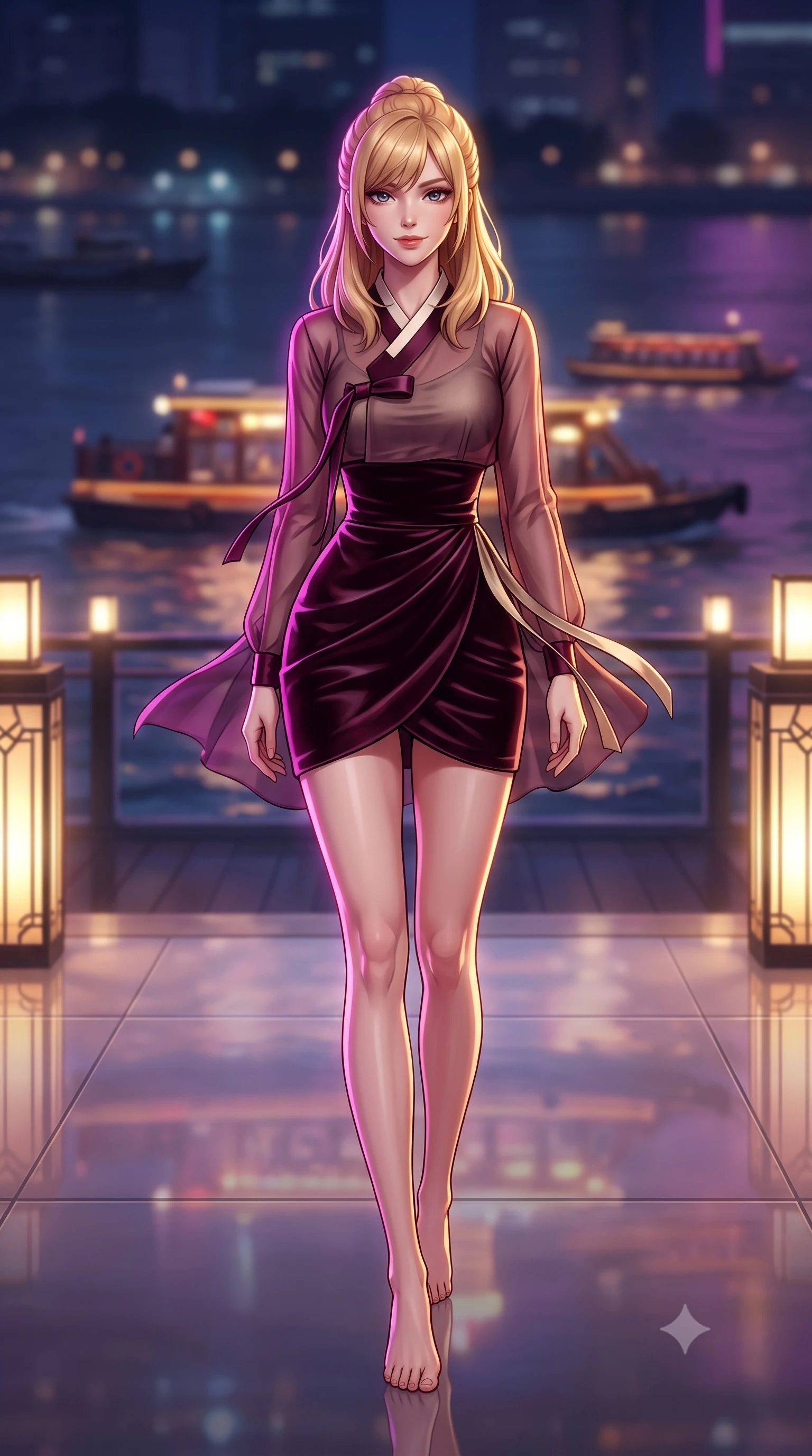 score_9, masterpiece, best quality, ultra-detailed, high-budget anime keyframe, semi-realistic 3D game render, editorial fashion photography, tasteful artistic composition, Caucasian woman. low angle full-body shot from head to toe showing her feet, filling the entire 9:16 vertical frame with her statuesque presence, stretching her vertical silhouette. striding forward gracefully across the reflective floor with sovereign supermodel poise, hips swaying in an alluring kinetic rhythm that accentuates her curvy hourglass silhouette and long slender legs while twisting her slender torso in an alluring S-curve, cool midnight river breezes fluttering her tailored outfit around her curvy hips and long slender legs. The composition keeps background elements in soft focus with dreamy creamy bokeh. slow-moving illuminated river barges and art deco terrace lanterns softened in glamorous Shanghai shallow focus. She has an exceptionally tall and slender model-like 8.5-heads proportion, an ultra-slim waist, a flat toned midriff, narrow delicate ribcage, and beautifully sculpted feminine hips creating a graceful, slim hourglass silhouette without any bulky heaviness, with impossibly long slender legs. sharp v-shaped jawline, high-bridge nose, intricate jewel-like dark sparkling eyes with dangerous depth, thick curled eyelashes, glossy parted lips with a rich wine sheen, smoldering seductive half-smile with bedroom-eyes, exuding effortless superiority and intoxicating dark allure, flawlessly proportioned anatomical accuracy, strict slender model proportions, natural body alignment, perfectly sculpted long slender limbs, ultra-slim waistline, clean dynamic posture without body distortion. wearing a modern fusion dark hanbok mini dress with a sheer silk organza jeogori and high-waisted velvet wrap skirt in dark mulberry wine and antique champagne, made of liquid-tight stretch jersey emphasizing every curve of her body, featuring a dramatic criss-cross satin back lacing tracing her slender spine, the liquid-tight tailored fabric clinging flawlessly to her narrow waist and rounded feminine hips, emphasizing every millimeter of her sculpted slim hourglass curves without any bulky heaviness. illuminated by crisp electric magenta and warm gold rim lights sharply carving her razor-sharp jawline, narrow waist, and curvy hips. highly saturated vibrant anime colors, detailed shading with soft gradients, rich glossy textures, high-contrast stereoscopic depth, volumetric dynamic lighting, master piece, 9:16 ratio