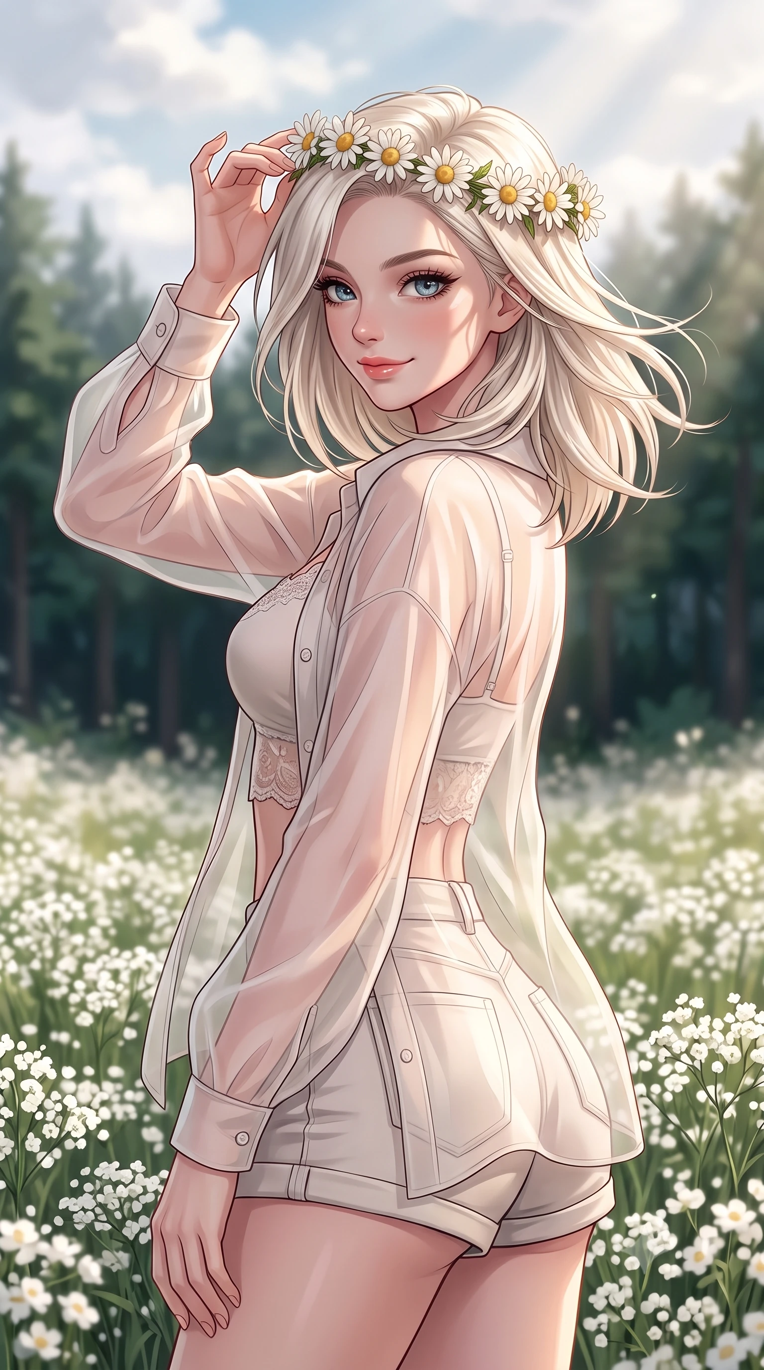 score_9, masterpiece, best quality, ultra-detailed, high-budget anime keyframe, editorial fashion photography, tasteful artistic composition, Caucasian woman. close-up cowboy shot from the waist and thighs up, the character dominates the composition, filling the frame with her large presence, background elements kept in soft focus. smiling with a playful and cute half-smile, glancing sidelong over her shoulder set against a soft-focus background of on a scenic meadow filled with white baby's breath flowers near a forest holding a delicate crown of daisies on her head, smiling cutely. She has an exceptionally elegant, slender, and willowy female figure with an ultra-slim waist, a gracefully sculpted slender torso, and a refined silhouette. sharp v-shaped jawline, high-bridge nose, intricate jewel-like eyes with depth, thick eyelashes, glossy lips with a natural sheen. wearing form-contouring sheer organza button-up shirt worn over a lace-accented crop top and high-waist mini shorts. soft afternoon sunbeams filtering through light clouds, casting gentle shadows. highly saturated vibrant anime colors, detailed shading with soft gradients, rich glossy textures, high-contrast stereoscopic depth, volumetric dynamic lighting, master piece, 9:16 ratio