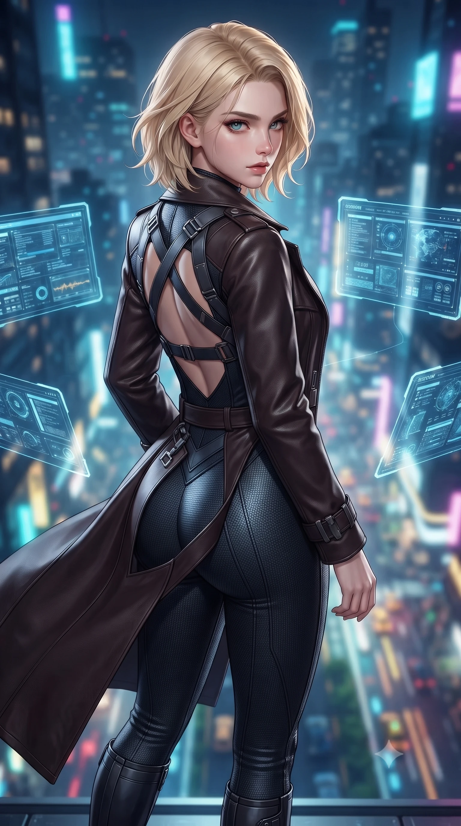 score_9, masterpiece, best quality, ultra-detailed, high-budget anime keyframe, editorial fashion photography, tasteful artistic composition, Caucasian woman. close-up cowboy shot from the waist and thighs up, the character dominates the composition, filling the frame with her large presence. turning over her shoulder with an indomitable, smoldering gaze, her soft hair framing her razor-sharp v-shaped jawline while pivoting gracefully across the floating intelligence bridge as multiple floating holographic terminal screens surround her. The composition keeps background elements in soft focus with creamy bokeh. dizzying vertical cityscape traffic light trails and neon skyscrapers far below blurred into sapphire, cyan, and gold bokeh. She has an exceptionally elegant, slender, and willowy female figure with an ultra-slim waist, a gracefully sculpted slender torso, toned flat midriff, and a refined slim silhouette. sharp v-shaped jawline, high-bridge nose, intricate jewel-like eyes with depth, thick eyelashes, glossy lips with a natural sheen, captivating and magnetic expression, flawlessly proportioned anatomical accuracy, strict slender model proportions, natural body alignment, perfectly sculpted long slender limbs, ultra-slim waistline, clean dynamic posture without body distortion. wearing a second-skin dark carbon-weave infiltration catsuit paired with a tailored long leather trench coat in deep espresso leather and gunmetal hardware, tailored from water-resistant treated wool gabardine and flexible Kevlar, accented with criss-cross back tactical harness straps framing her bare spine, the liquid-tight tailored fabric emphasizing every curve of her tall, slender model proportions and sculptured silhouette during dynamic movement. illuminated by crisp directional key light defining her razor-sharp jawline, eyes, and slender curves. ultra-reflective glossy finish, specular highlights, rich textural contrasts, high-contrast stereoscopic depth, volumetric dynamic lighting, 2k, ultra detail, master piece, 9:16 ratio
