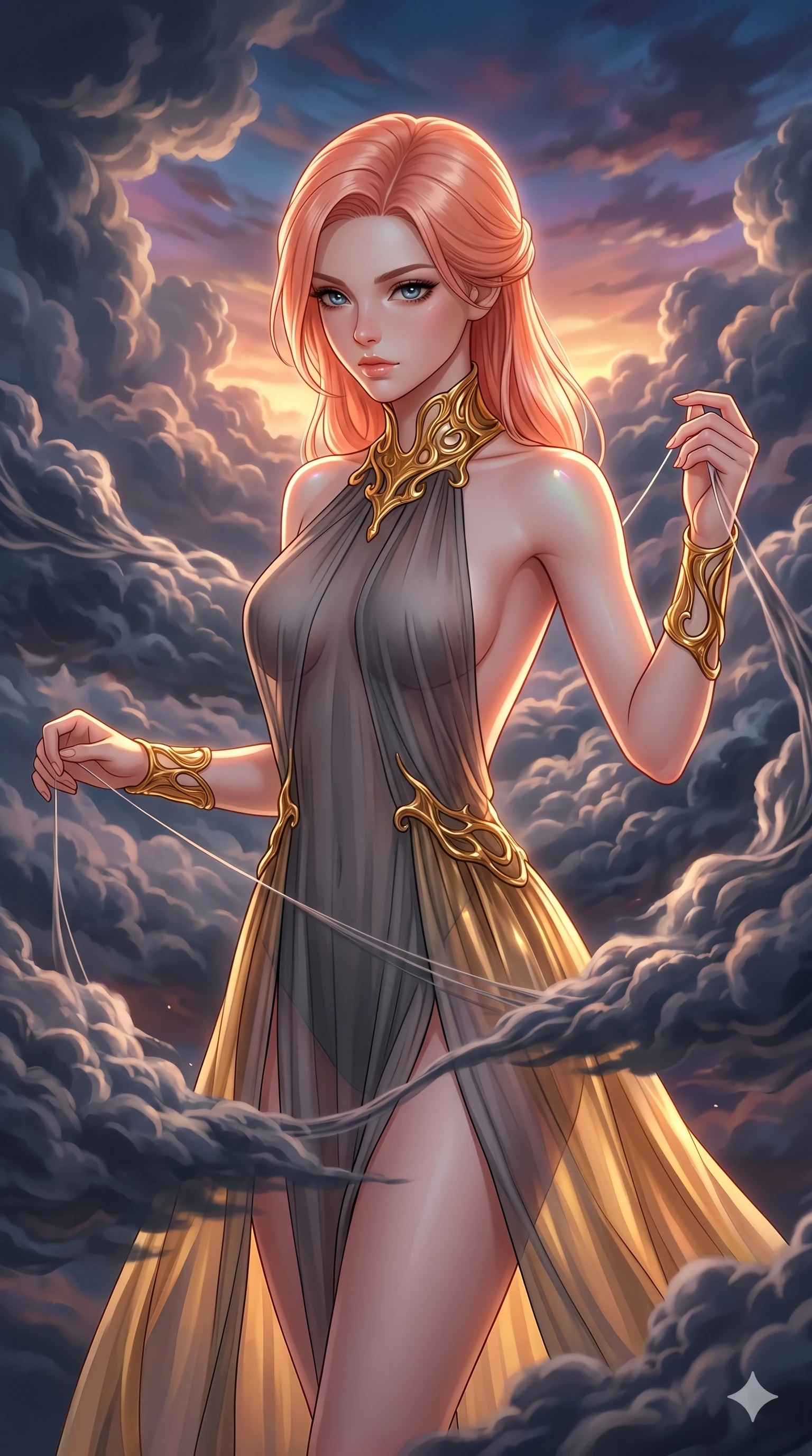 score_9, masterpiece, best quality, ultra-detailed, high-budget anime keyframe, Caucasian woman, strictly human ears. upper body close-up from the thighs up, character filling the screen for maximum presence. threading through a volumetric cloud weave where storm clouds are spun like silk thread under a dramatic sunset glow. She has an absolutely perfect 8-heads proportion, an exceptionally tall and slender female figure with impossibly long slender legs and an ultra-slim waist. V-shaped jawline, high-bridge nose, intricate jewel-like eyes with depth, thick eyelashes, glossy lips with a natural sheen.. wearing a molten gold and chiffon gown, featuring organic liquid gold collar and cuffs on a translucent charcoal-gray halter neck chiffon gown with a deep backless design. enhanced by a luminous pastel spectrum glow, casting elegant rim lights on her shoulders and jawline. 2k, ultra detail, master piece, 9:16 ratio