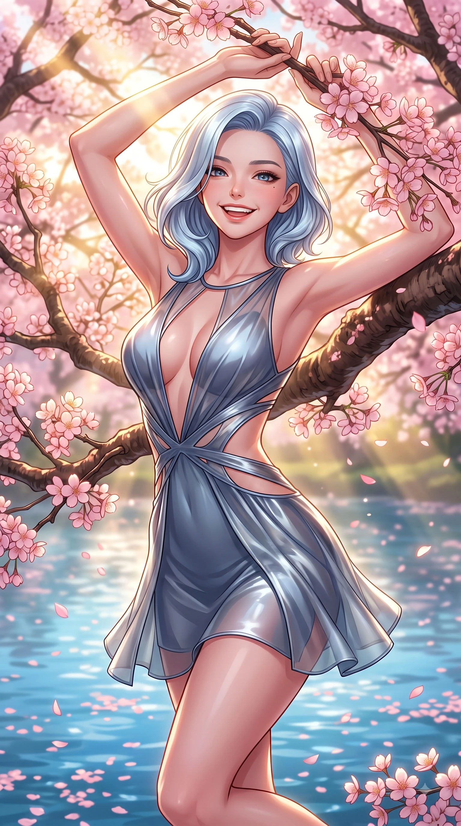 score_9, masterpiece, best quality, ultra-detailed, high-budget anime keyframe, editorial fashion photography, tasteful artistic composition, Korean woman. close-up cowboy shot from the waist and thighs up, the character dominates the composition, filling the frame with her large presence, background elements kept in soft focus. Gazing directly into the camera with a joyful, infectious smile as her torso curves dynamically in mid-stride while resting cheerfully against a blooming sakura branch as golden morning sunbeams fill the air, dense canopies of pink cherry blossoms scattering petals across the clear blue lake. She has an exceptionally elegant, slender, and willowy female figure with an ultra-slim waist, a gracefully sculpted slender torso, and a refined silhouette. sharp v-shaped jawline, high-bridge nose, intricate jewel-like eyes with depth, thick eyelashes, glossy lips with a natural sheen, flawlessly proportioned anatomical accuracy, natural body alignment, perfectly sculpted elegant limbs, clean dynamic posture without body distortion. wearing a liquid mercury gloss mini dress with ultra-deep V-neck and waist cutouts in slate blue and metallic silver, woven from fine semi-opaque sheer organza, accented with a Tasteful chest slit framing her clavicle gracefully, the elegant draped fit framing her graceful clavicle and slender torso. bathed in bright morning sunbeams and warm golden sakura backlighting. highly saturated vibrant anime colors, detailed shading with soft gradients, rich glossy textures, high-contrast stereoscopic depth, volumetric dynamic lighting, master piece, 9:16 ratio