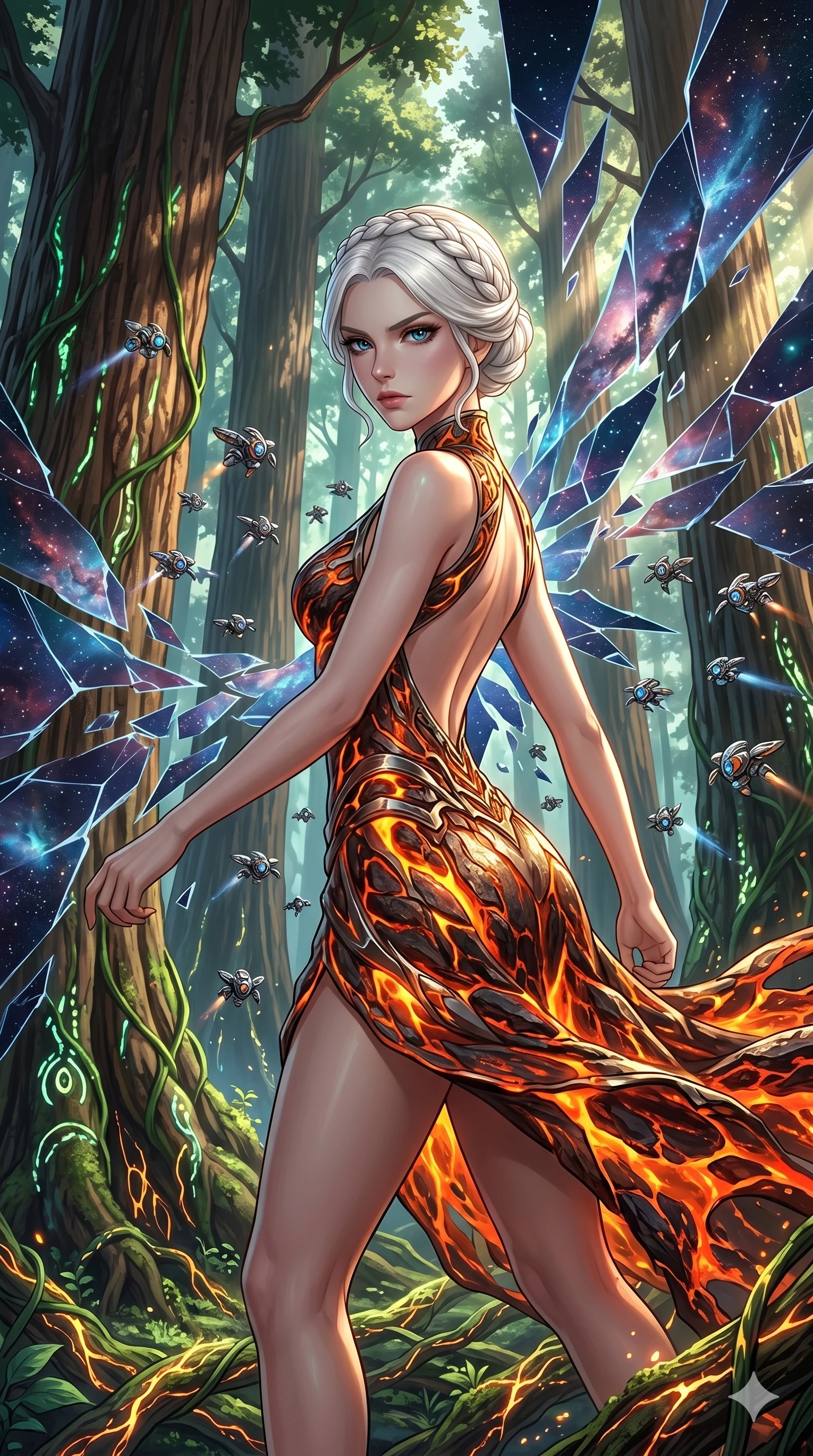 score_9, masterpiece, best quality, ultra-detailed, Set A: High-budget Anime Keyframe, Caucasian (human ears) woman. Upper body close-up from the thighs up, character filling the screen for maximum presence. Theme: Abstract Cosmic. shattering the fabric of reality in a giant redwood forest with glowing vines, surrounded by 259 hovering guardian drones. The atmosphere is filled with cinematic sunlight through leaves. She has an absolutely perfect 8-heads proportion, an exceptionally tall and slender female figure with impossibly long slender legs and an ultra-slim waist. Sharp v-shaped jawline, high-bridge nose, intricate jewel-like eyes with depth, glossy lips. Wearing Lava-textured metallic dress that glows with an internal fire, featuring an open back. Cinematic lighting, vivid colors, dramatic shadows, 2k, ultra detail, master piece, 9:16 ratio