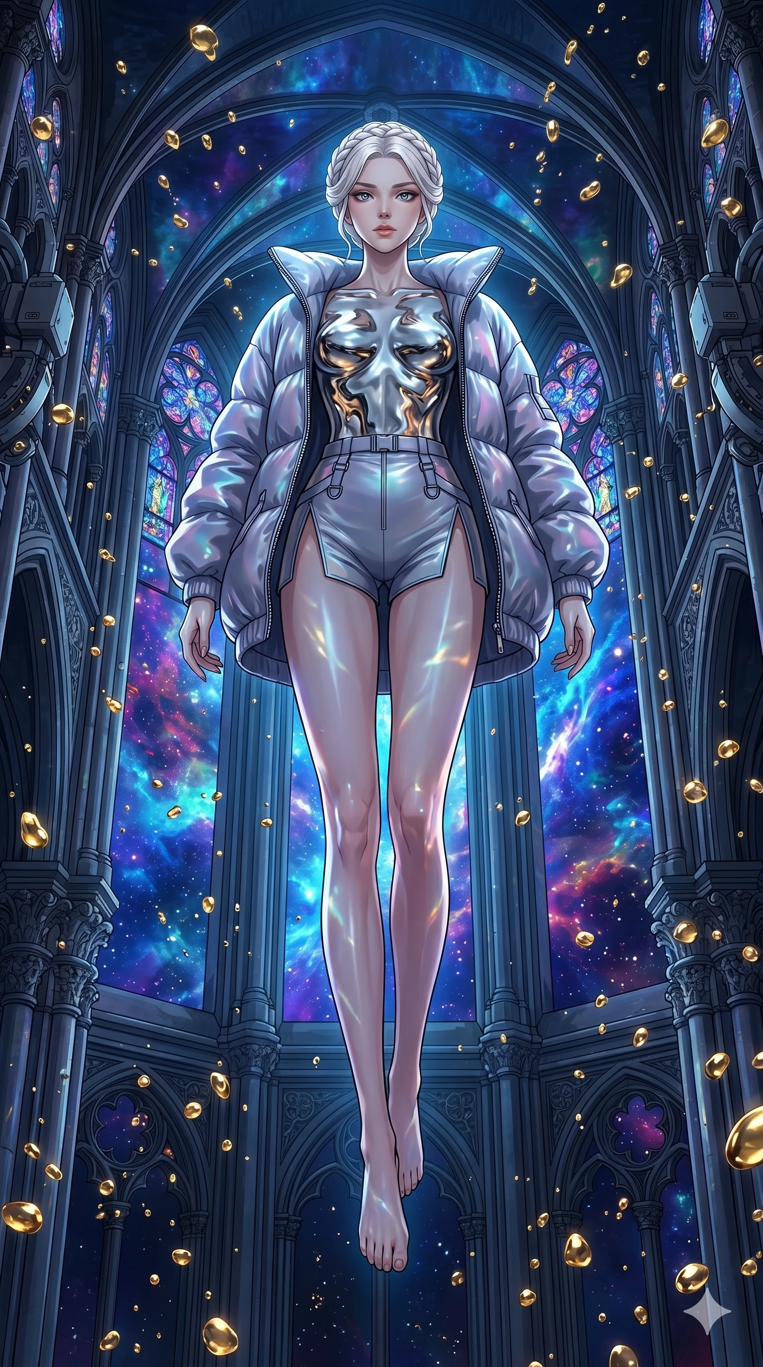 score_9, masterpiece, best quality, ultra-detailed, High-budget Anime Keyframe, vibrant colors, fluid line-art, expressive lighting, cinematic composition, Ufotable-style visual effects, top-tier animation quality, Japanese woman with delicate and elegant anime-inspired features. Wide-angle low shot emphasizing her impossibly long slender legs and commanding stature. Floating serenely in a zero-gravity chamber filled with suspended droplets of liquid gold that reflect the surrounding high-tech machinery. She has an absolutely perfect 8-heads proportion, an exceptionally tall and slender female figure with impossibly long slender legs and an ultra-slim waist, her statuesque height and towering silhouette dominating the vertical 9:16 frame. Her face is a masterpiece featuring a sharp v-shaped jawline, high-bridge nose, intricate jewel-like eyes with depth, thick eyelashes, and glossy lips with a natural sheen. She is wearing a Oversized puffer jacket worn over a stylish shorts and harness set, unzipped to reveal her chest crafted from Molten liquid mercury that flows and reflects the environment with metallic perfection, with a dangerous high slit that showcases her impossibly long slender legs. The scene is set in a majestic gothic cathedral in deep space with massive windows overlooking a swirling nebula, illuminated by underwater caustic lighting with ripples of light dancing across her body. 2k, ultra detail, master piece, 9:16 ratio