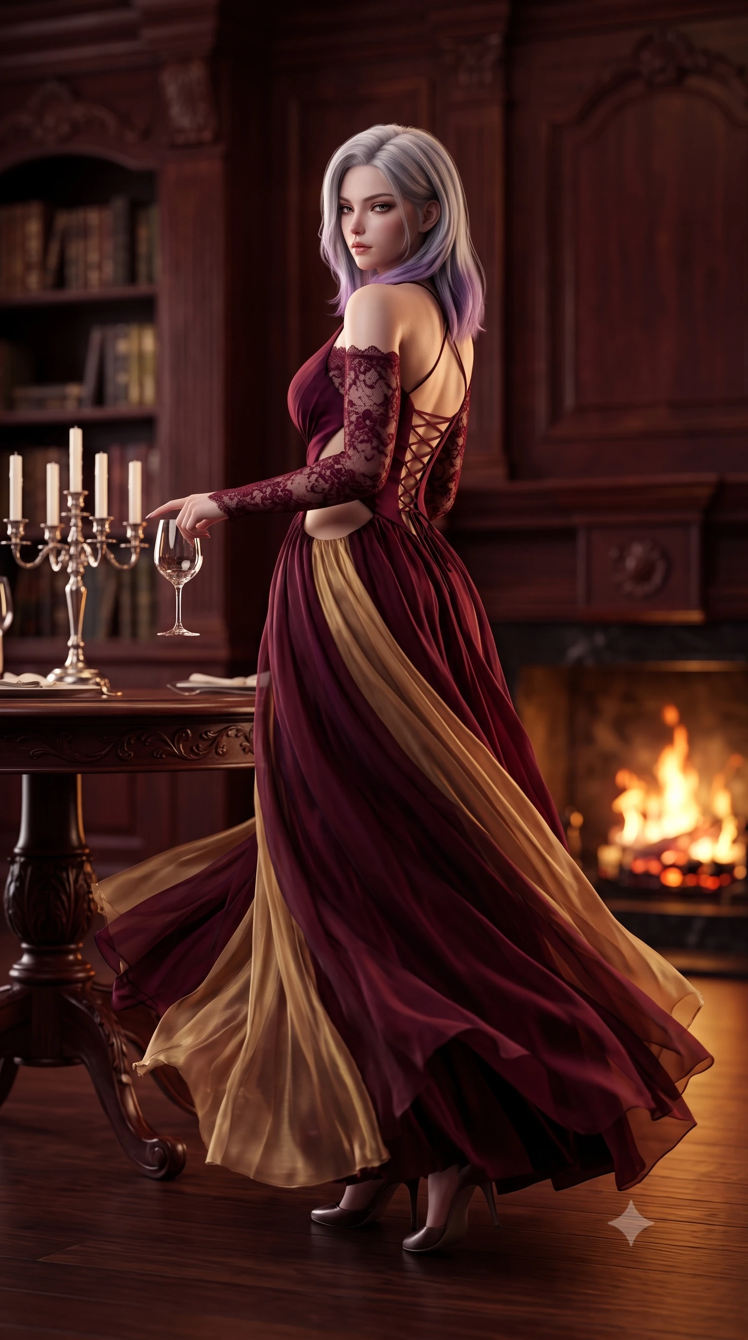 score_9, masterpiece, best quality, ultra-detailed, high-budget anime keyframe, semi-realistic 3D game render, editorial fashion photography, tasteful artistic composition, Caucasian woman. low angle full-body shot from head to toe showing her feet, filling the entire 9:16 vertical frame with her statuesque presence, stretching her vertical silhouette. executing an elegant mid-motion turn as garments swirl around her slender limbs, glancing over her shoulder with smoldering allure while standing poised beside the grand candelabra table, slowly running one manicured finger along the rim of her wine glass. The composition keeps background elements in soft focus with creamy bokeh. towering carved mahogany bookshelves and dancing fireplace embers blurred into rich burgundy, amber, and whiskey-gold bokeh. She has an absolutely perfect, statuesque 8.5-heads proportion, an exceptionally tall and slender model-like female figure with impossibly long slender legs, a toned flat midriff, and an ultra-slim waist. sharp v-shaped jawline, high-bridge nose, intricate jewel-like eyes with depth, thick eyelashes, glossy parted lips with a natural sheen, intensely captivating and seductive expression, flawlessly proportioned anatomical accuracy, strict slender model proportions, natural body alignment, perfectly sculpted long slender limbs, ultra-slim waistline, clean dynamic posture without body distortion. wearing a dark romantic lace-sleeved evening gown with a plunging neckline and bare shoulders in deep royal wine burgundy and liquid gold, woven from layered gossamer chiffon with a weightless sweeping drape, accented with criss-cross corset back lacing highlighting her graceful shoulder blades, the precision-cut daring openings accentuating her delicate midriff, graceful bare collarbones, and ultra-slim feminine waistline. surrounded by an opulent, intimate, and irresistibly hypnotic dark romance aura. highly saturated vibrant anime colors, detailed shading with soft gradients, rich glossy textures, high-contrast stereoscopic depth, volumetric dynamic lighting, master piece, 9:16 ratio