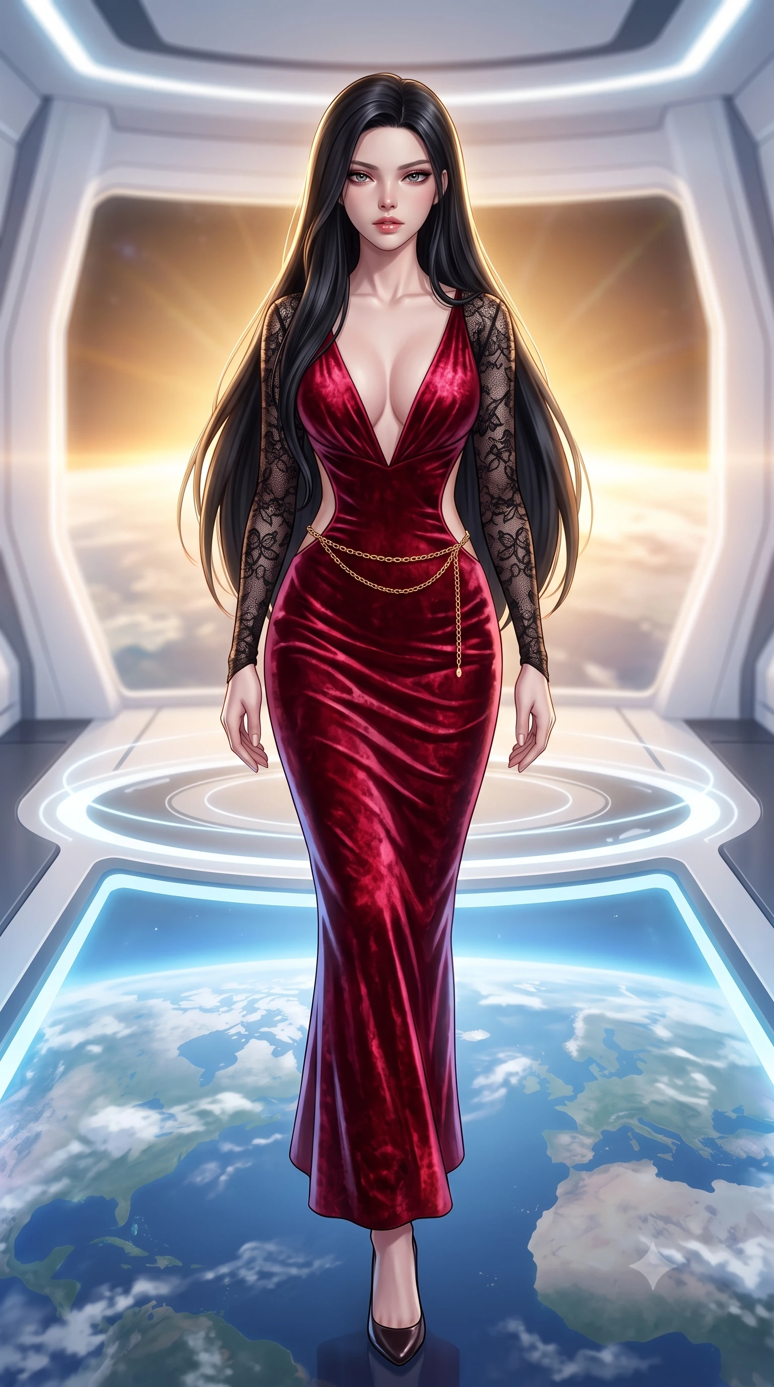 score_9, masterpiece, best quality, ultra-detailed, high-budget anime keyframe, semi-realistic 3D game render, editorial fashion photography, tasteful artistic composition, Korean woman. low angle full-body shot from head to toe showing her feet, filling the entire 9:16 vertical frame with her statuesque presence, stretching her vertical silhouette. striding forward in a proud supermodel runway stride, hips swaying in an alluring kinetic rhythm that accentuates her curvy hourglass silhouette while standing poised on the magnetic observation deck, twisting her slender torso in an alluring S-curve as continents and cloud swirls drift beneath her feet. The composition keeps background elements in soft focus with creamy bokeh. sleek white space station bulkheads and glowing telemetry rings softened in futuristic shallow focus. She has an exceptionally tall and slender model-like 8.5-heads proportion, an ultra-slim waist, a flat toned midriff, narrow delicate ribcage, and beautifully sculpted feminine hips creating a graceful, slim hourglass silhouette without any bulky heaviness, with impossibly long slender legs. sharp v-shaped jawline, high-bridge nose, intricate jewel-like eyes with depth, thick eyelashes, glossy parted lips with a natural sheen, intensely captivating and seductive bedroom-eyes expression, flawlessly proportioned anatomical accuracy, strict slender model proportions, natural body alignment, perfectly sculpted long slender limbs, ultra-slim waistline, clean dynamic posture without body distortion. wearing a plunging-V neckline crushed crimson velvet opera gown with delicate black lace sleeves and bare back in phantom obsidian black and blood-red velvet, crafted from luxurious metallic lamé that shifts radiance with every step, accented with a delicate gold chain belt resting loosely on her curvy hips, the precision-cut side openings and low-back scoop framing her graceful spine and the sensual sweep of her slim, toned hips. bathed in radiant golden orbital sunrise backlighting and ambient cool blue Earth glow from below. highly saturated vibrant anime colors, detailed shading with soft gradients, rich glossy textures, high-contrast stereoscopic depth, volumetric dynamic lighting, master piece, 9:16 ratio