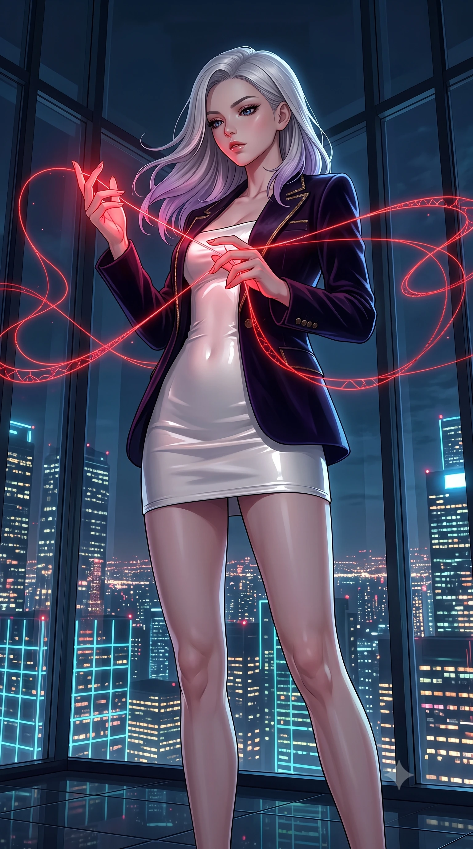 score_9, masterpiece, best quality, ultra-detailed, High-budget Anime Keyframe, Caucasian woman, strictly human ears. Low angle cowboy shot filling the entire 9:16 frame with her statuesque presence. Scenario 523: tracing a glowing red thread of fate with her fingers in a luxury penthouse with floor-to-ceiling glass walls overlooking a neon grid. Her presence is magnetic and overpowering in this high-budget anime scene. Outfit 523: a form-contouring pearl white matte vinyl mini dress layered under a structured velvet blazer. The clothing is designed to emphasize her exceptionally tall and slender 8-heads proportion. 8-heads proportion, towering silhouette, ultra-slim waist. sharp v-shaped jawline, intricate jewel-like eyes with depth, thick eyelashes, glossy lips. 2k, ultra detail, master piece, 9:16 ratio