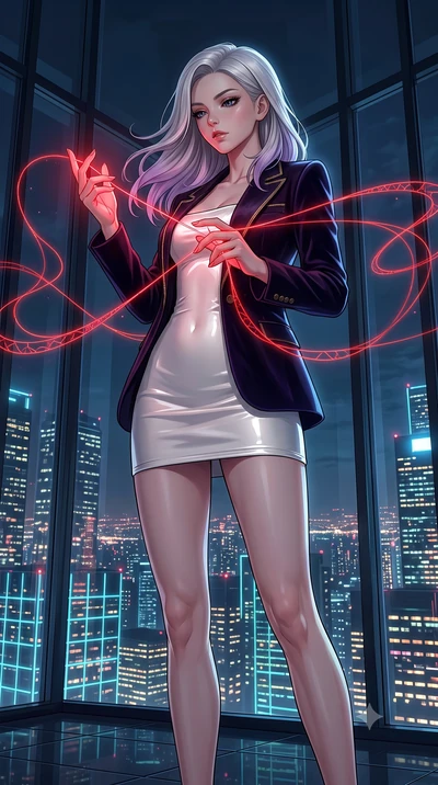 score_9, masterpiece, best quality, ultra-detailed, High-budget Anime Keyframe, Caucasian woman, strictly human ears. Low angle cowboy shot filling the entire 9:16 frame with her statuesque presence. Scenario 523: tracing a glowing red thread of fate
