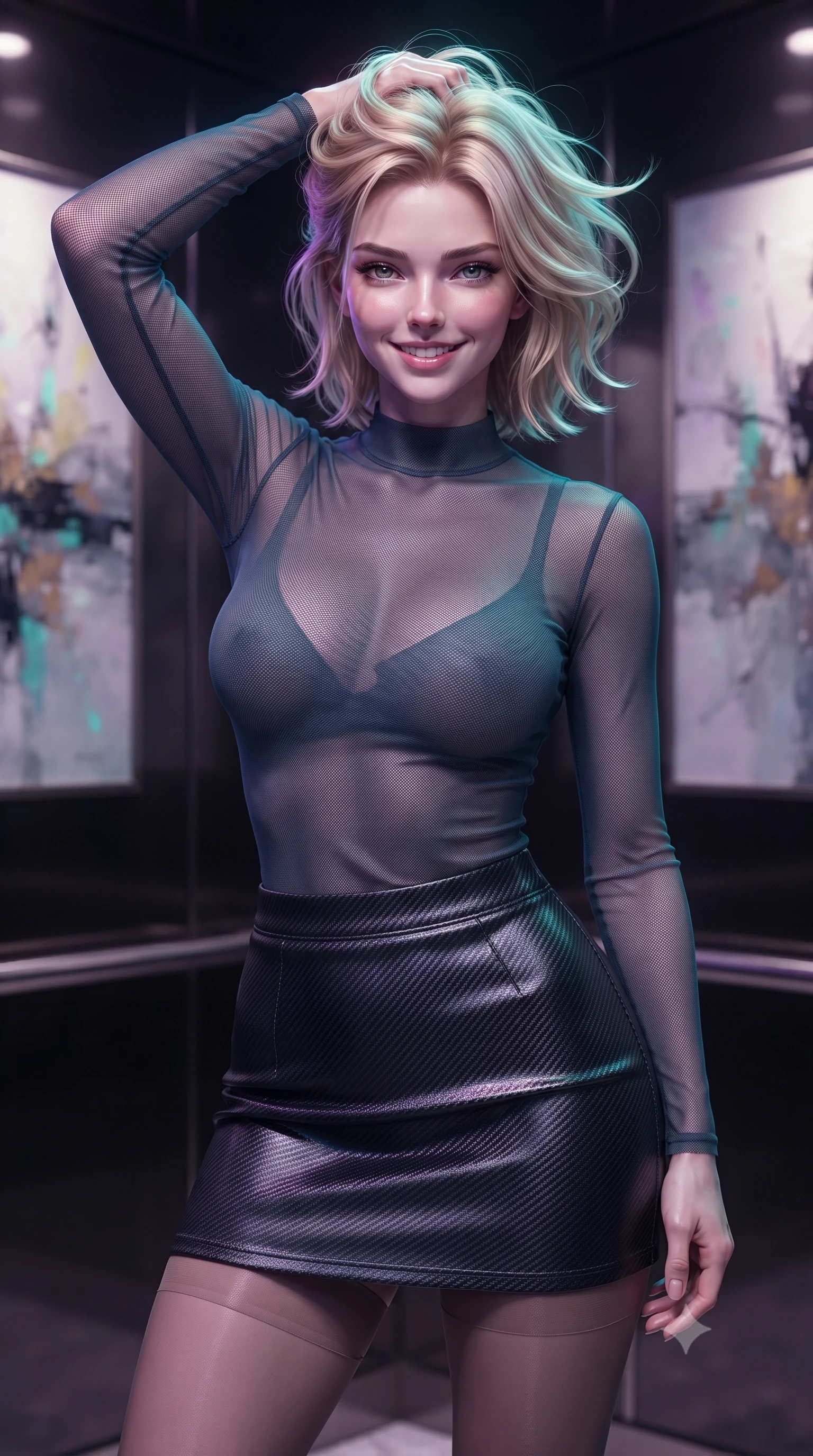 score_9, masterpiece, best quality, ultra-detailed, high-budget anime keyframe, editorial fashion photography, tasteful artistic composition, Caucasian woman. close-up cowboy shot from the waist and thighs up, the character dominates the composition, filling the frame with her large presence, background elements kept in soft focus. slowly running a hand through her hair, smiling with quiet, magnetic self-assurance directly into the camera, the background shows a soft-focus a VIP elevator foyer decorated with abstract canvas paintings and mirrors. She has an exceptionally elegant, slender, and willowy female figure with an ultra-slim waist, a gracefully sculpted slender torso, and a refined silhouette. sharp v-shaped jawline, high-bridge nose, intricate jewel-like eyes with depth, thick eyelashes, glossy lips with a natural sheen. wearing a form-contouring semi-transparent mesh top in slate grey, paired with a carbon-fiber mini skirt and sheer stockings. strobing purple and turquoise light patterns casting dynamic highlights. ultra-reflective glossy finish, specular highlights, metallic sheen, high-contrast stereoscopic depth, volumetric dynamic lighting, 2k, ultra detail, master piece, 9:16 ratio