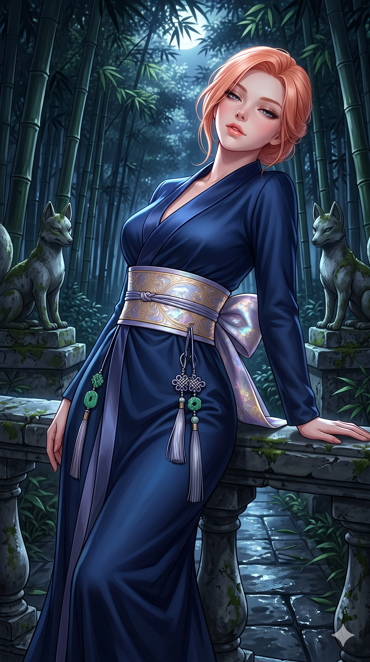 score_9, masterpiece, best quality, ultra-detailed, high-budget anime keyframe, semi-realistic 3D game render, editorial fashion photography, tasteful artistic composition, Japanese woman. close-up cowboy shot from the waist and thighs up, the character dominates the composition, filling the frame with her large presence. leaning back against the balustrade with relaxed seductive grace, head tilted back slightly while casting a hypnotic, heavy-lidded gaze while standing poised between weathered stone kitsune statues along the dark bamboo path, arching her back with breathless siren allure. The surrounding environment is rendered in vivid detail and crisp panoramic clarity: sharp bamboo node rings, moss lichen on carved stone statues, and wet granite path paving in deep focus. She has an exceptionally elegant, slender, and willowy female figure with an ultra-slim waist, flat toned midriff, narrow ribcage, and sculpted feminine hips creating an alluring, slim hourglass silhouette without bulk. sharp v-shaped jawline, high-bridge nose, sparkling eyes with hypnotic seductive depth, thick curled eyelashes, glossy parted lips with a natural dewy peach sheen, alluring bedroom-eyes with an enchanting coquettish smile, exuding magnetic siren charisma and sophisticated glamour, flawlessly proportioned anatomical accuracy, strict slender model proportions, natural body alignment, perfectly sculpted long slender limbs, ultra-slim waistline, clean dynamic posture without body distortion. wearing a structured midnight blue silk after-hours durumagi long robe dress with satin lapels and a gold-embroidered obi sash in iridescent mother-of-pearl and misty lavender, tailored from heavy double-faced silk faille with an exceptionally fluid drape, finished with authentic carved jade pendants and traditional norigae knots, the impeccably tailored cut draping gracefully along her slender figure with aristocratic eastern poise. bathed in crisp silver moonlight filtering down through dense bamboo canopies creating intricate linear shadows. highly saturated vibrant anime colors, detailed shading with soft gradients, rich glossy textures, high-contrast stereoscopic depth, volumetric dynamic lighting, master piece, 9:16 ratio