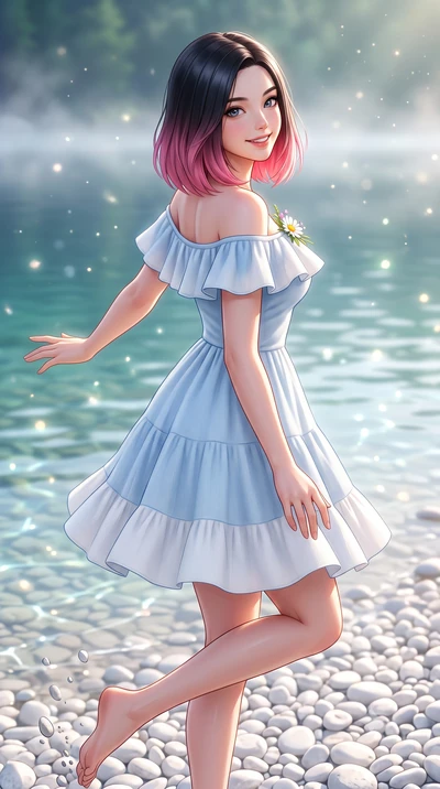 score_9, masterpiece, best quality, ultra-detailed, high-budget anime keyframe, semi-realistic 3D game render, editorial fashion photography, tasteful artistic composition, Korean woman. close-up cowboy shot from the waist and thighs up, the characte