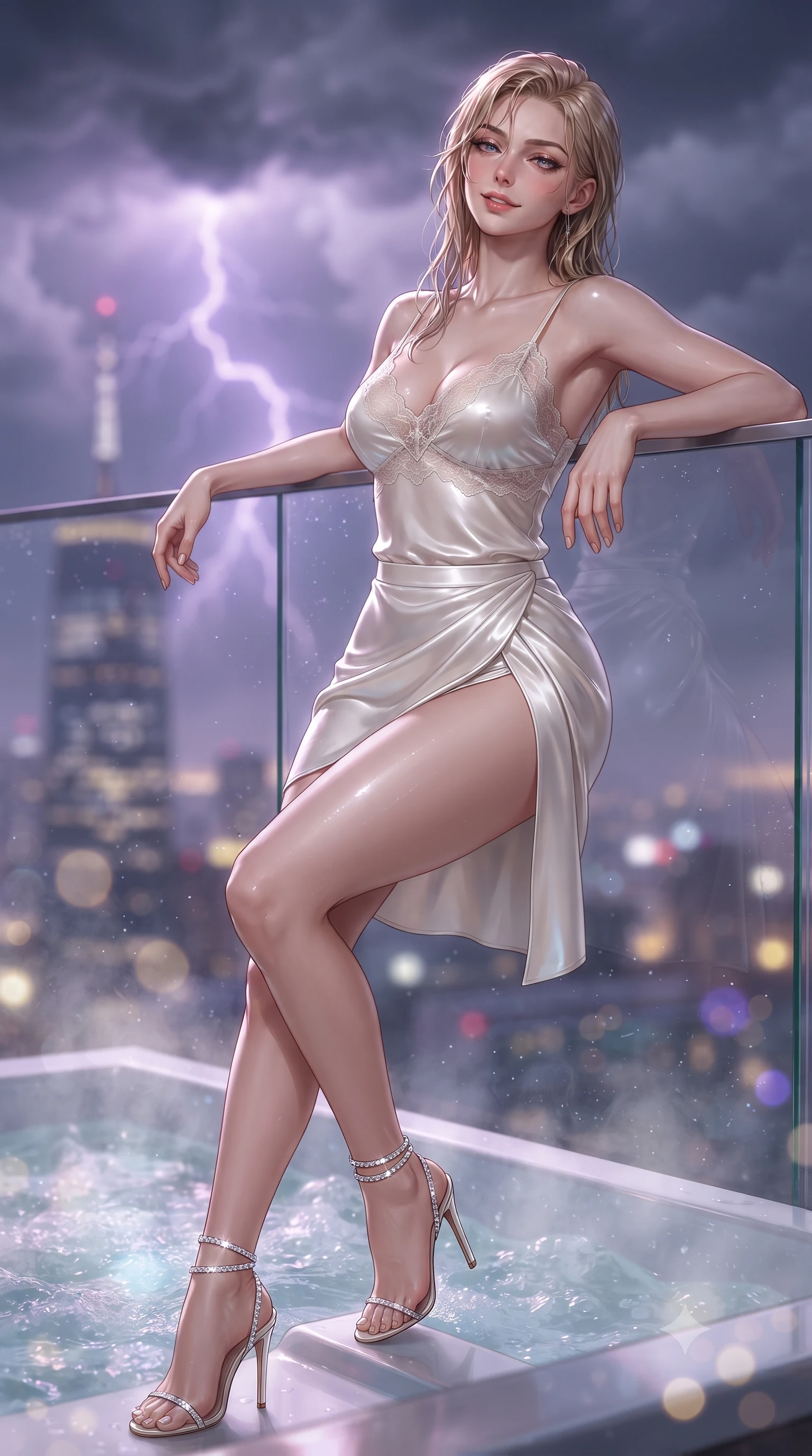 score_9, masterpiece, best quality, ultra-detailed, high-budget anime keyframe, editorial fashion photography, tasteful artistic composition, Caucasian woman. close-up cowboy shot from the waist and thighs up, the character dominates the composition, filling the frame with her large presence. leaning back against the balustrade with relaxed seductive grace, head tilted back slightly while casting a hypnotic, heavy-lidded gaze while sitting in the steaming open-air glass jacuzzi cantilevered eighty-five floors up, arching her back with breathtaking wet-look siren grace. The background shows a soft-focus swirling storm clouds illuminated by purple lightning, distant skyscraper spire warning beacons, and bubbling water blurred into violet, sapphire, and gold bokeh. She has an exceptionally elegant, slender, and willowy female figure with an ultra-slim waist, flat toned midriff, narrow ribcage, and sculpted feminine hips creating an alluring, slim hourglass silhouette without bulk. sharp v-shaped jawline, high-bridge nose, sparkling eyes with hypnotic seductive depth, thick curled eyelashes, glossy parted lips with a natural dewy peach sheen, alluring bedroom-eyes with an enchanting coquettish smile, exuding magnetic siren charisma and sophisticated glamour, flawlessly proportioned anatomical accuracy, strict slender model proportions, natural body alignment, perfectly sculpted long slender limbs, ultra-slim waistline, clean dynamic posture without body distortion. wearing a delicate lace-trimmed silk camisole paired with a draped satin wrap sarong mini skirt with high side slit in pure pearl alabaster with platinum sheen, crafted from wet-look high-gloss vinyl fabric with dazzling specular surface reflections, complemented by strappy stiletto sandals with crystal ankle wraps accentuating her slender calves, the second-skin tailored fabric adhering flawlessly to her sculpted flat midriff and slender torso, emphasizing her long leg lines and perfectly proportioned willowy build. illuminated by tub water caustics and sharp platinum-violet rim lights defining her delicate clavicles, ultra-slim waist, and curvy hips. ultra-reflective glossy finish, specular highlights, rich textural contrasts, high-contrast stereoscopic depth, volumetric dynamic lighting, 2k, ultra detail, master piece, 9:16 ratio