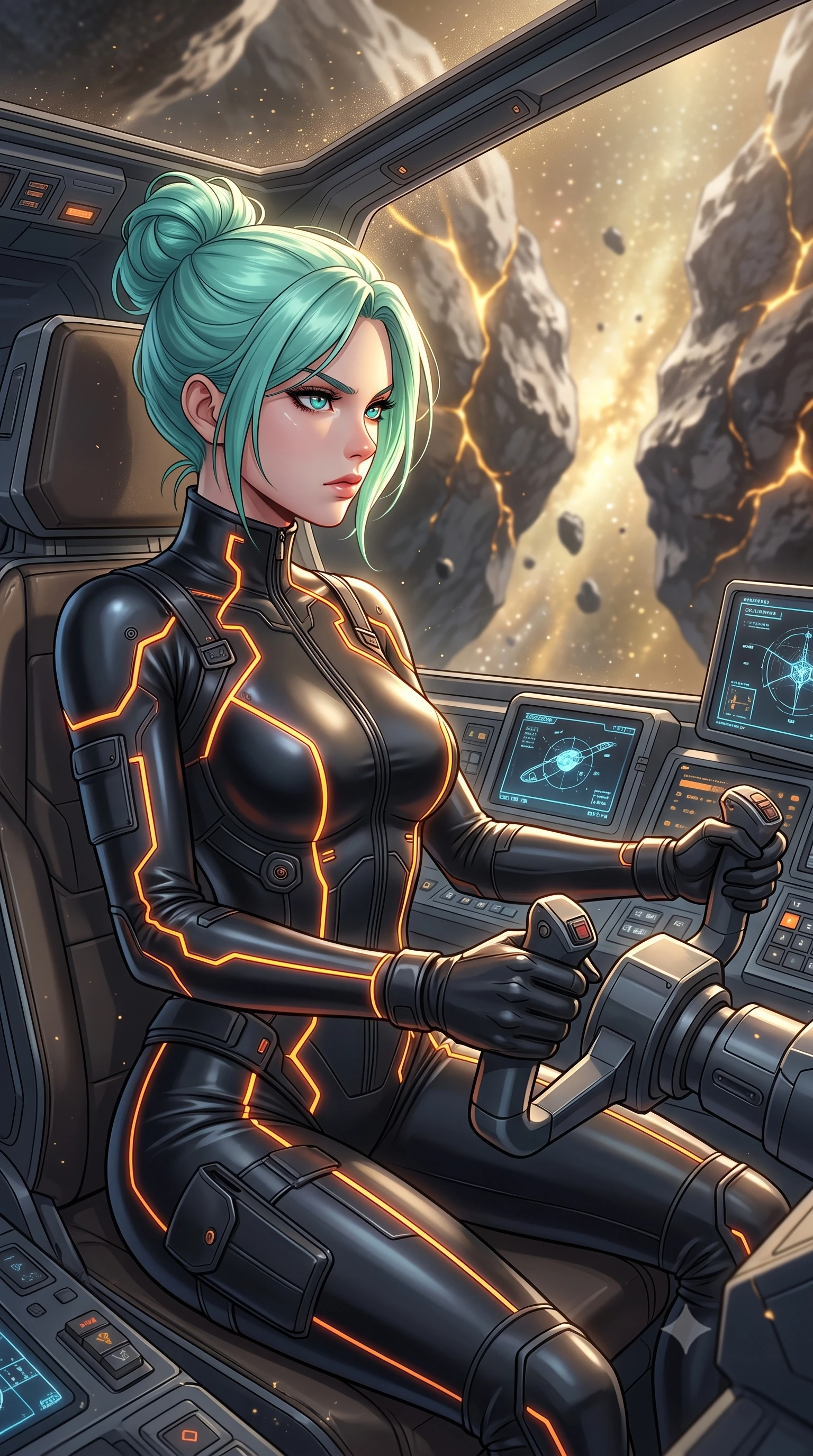 score_9, masterpiece, best quality, ultra-detailed, high-budget anime keyframe, editorial fashion photography, tasteful artistic composition, Japanese woman. close-up cowboy shot from the waist and thighs up, the character dominates the composition, filling the frame with her large presence, background elements kept in soft focus. Piloting a starfighter through a tight asteroid gap, hands tight on the flight yoke, looking sharply left. set against a soft-focus background of a region of space filled with golden stardust, stellar winds creating ripples in the dust clouds. She has an exceptionally elegant and slender, willowy female figure with an ultra-slim waist, a gracefully sculpted slender torso, and a refined slim physique. sharp v-shaped jawline, high-bridge nose, intricate jewel-like eyes with depth, thick eyelashes, glossy lips with a natural sheen. wearing the lightweight fabric rippling and billowing dramatically with her movement, a slim-fit body-hugging tactical spy suit in matte black latex-effect material, featuring a high collar and orange neon line accents. highly saturated vibrant anime colors, intense vivid color palette, soft 3D volumetric shading, volumetric dynamic lighting, glowing kintsugi gold light radiating from cracks in the environment creating a majestic inner glow. 2k, ultra detail, master piece, 9:16 ratio