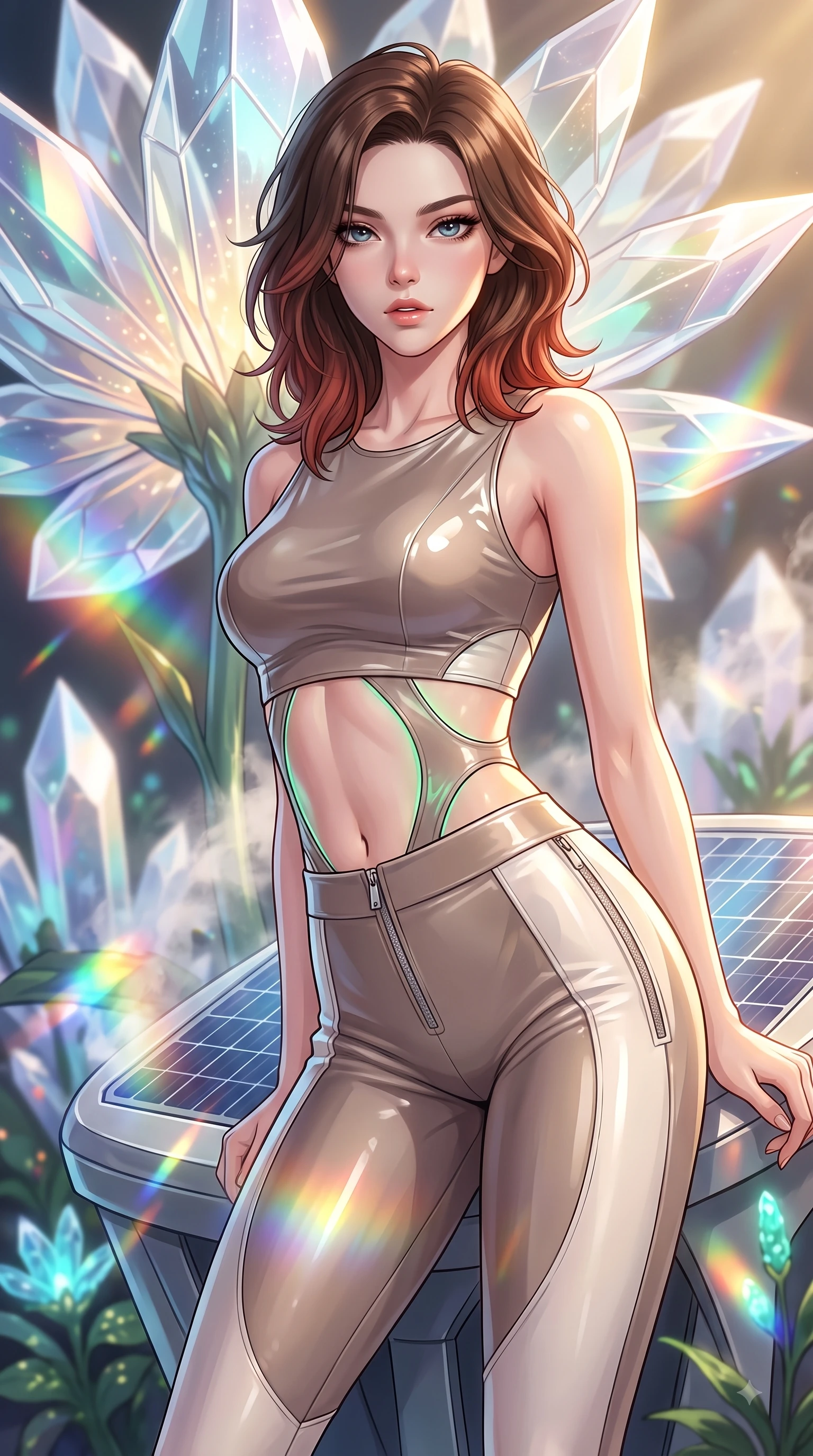 score_9, masterpiece, best quality, ultra-detailed, high-budget anime keyframe, editorial fashion photography, tasteful artistic composition, Korean woman. close-up cowboy shot from the waist and thighs up, the character dominates the composition, filling the frame with her large presence, background elements kept in soft focus. Leaning forward gracefully with lips parted, casting a smoldering magnetic gaze directly into the lens while resting near a giant solar-powered crystal flower as warm sunlight illuminates her slender waist, steam clouds refracting sunlight into brilliant rainbow prisms around her form. She has an exceptionally elegant, slender, and willowy female figure with an ultra-slim waist, a gracefully sculpted slender torso, and a refined silhouette. sharp v-shaped jawline, high-bridge nose, intricate jewel-like eyes with depth, thick eyelashes, glossy lips with a natural sheen, flawlessly proportioned anatomical accuracy, natural body alignment, perfectly sculpted elegant limbs, clean dynamic posture without body distortion. wearing a glossy vinyl crop top and high-waist tailored leggings with sleek zippers in muted taupe and soft ivory, crafted from lustrous satin jersey with fluid draping, featuring clean architectural cutouts along her slender torso, the glove-like fit emphasizing her statuesque silhouette during motion. bathed in warm golden sunlight and soft emerald bioluminescent glow. highly saturated vibrant anime colors, detailed shading with soft gradients, rich glossy textures, high-contrast stereoscopic depth, volumetric dynamic lighting, master piece, 9:16 ratio