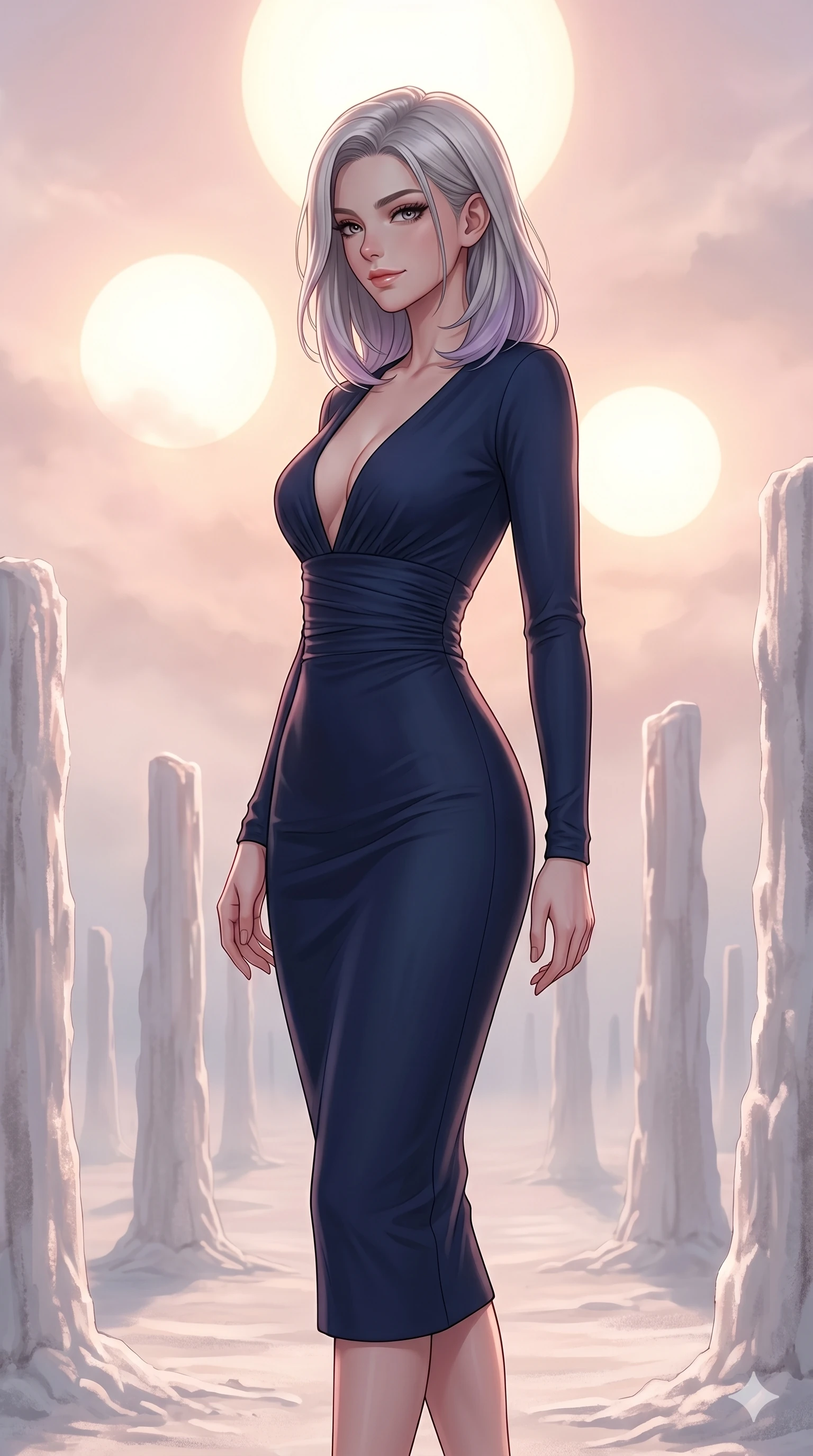score_9, masterpiece, best quality, ultra-detailed, high-budget anime keyframe, editorial fashion photography, tasteful artistic composition, Caucasian woman, strictly human ears. cowboy shot from the thighs up, character and outfit filling the frame for maximum editorial presence. Glancing sidelong over her shoulder with a smoldering half-smile amidst a surreal desert of white salt pillars under a sky filled with three giant suns. She has an absolutely perfect 8-heads proportion, an exceptionally tall and slender female figure with impossibly long slender legs and an ultra-slim waist. V-shaped jawline, high-bridge nose, intricate jewel-like eyes with depth, thick eyelashes, glossy lips with a natural sheen. wearing a deep-V neck midi dress in midnight blue matte jersey with strategic waist ruching, long slim sleeves, and a form-contouring fit that highlights her elegant proportions. bathed in soft rose-gold dawn light filtering through atmospheric volumetric fog that wraps her silhouette. 2k, ultra detail, master piece, 9:16 ratio