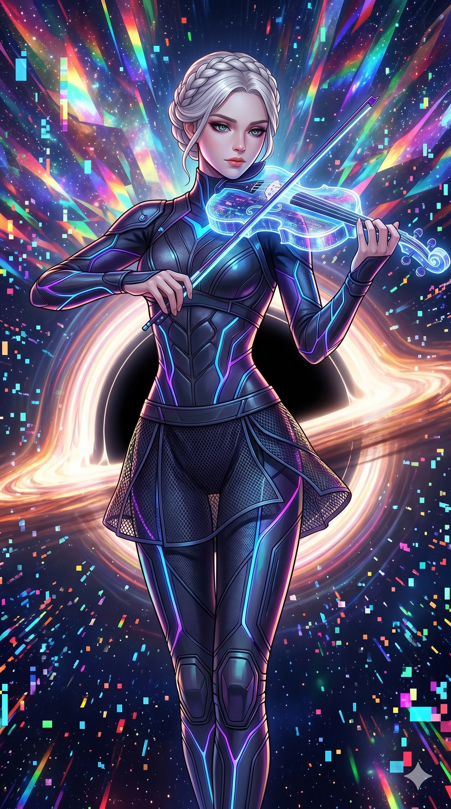 score_9, masterpiece, best quality, ultra-detailed, Set A: High-budget Anime Keyframe, Caucasian (human ears) woman. Upper body close-up from the thighs up, character filling the screen for maximum presence. Theme: Historical Remix. playing a holographic violin in the edge of a black hole, with a look of serene power as the sky splits into 228 colors. The atmosphere is filled with a blizzard of digital pixels. She has an absolutely perfect 8-heads proportion, an exceptionally tall and slender female figure with impossibly long slender legs and an ultra-slim waist. Sharp v-shaped jawline, high-bridge nose, intricate jewel-like eyes with depth, glossy lips. Wearing Modernized ninja gear with glowing neon-veined fabric and a short mesh skirt. Cinematic lighting, vivid colors, dramatic shadows, 2k, ultra detail, master piece, 9:16 ratio