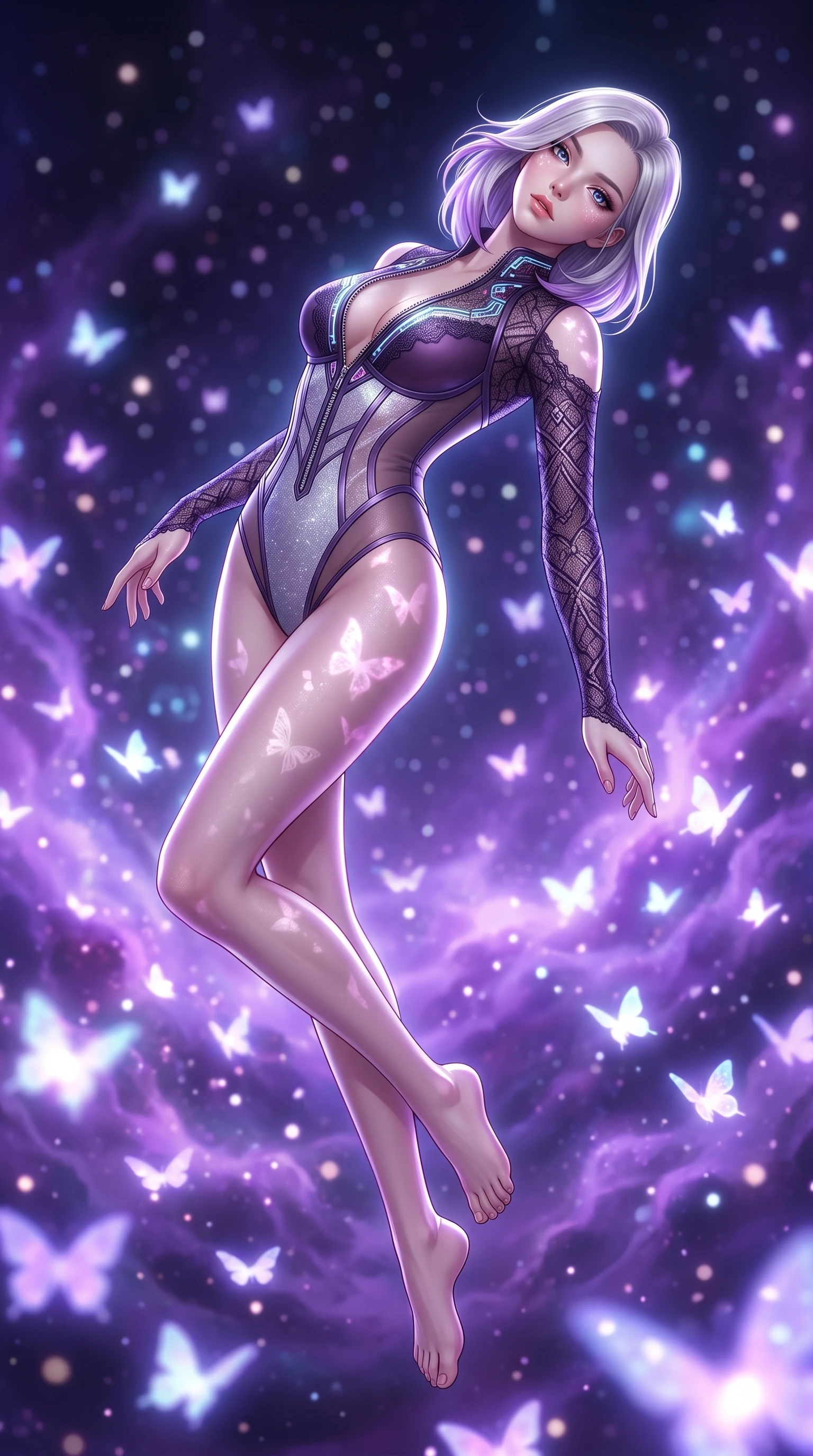 score_9, masterpiece, best quality, ultra-detailed, high-budget anime keyframe, semi-realistic 3D game render, editorial fashion photography, tasteful artistic composition, Caucasian woman. low angle full-body shot from head to toe showing her feet, filling the entire 9:16 vertical frame with her statuesque presence, stretching her vertical silhouette. arching her back in a fluid zero-gravity turn with sovereign grace, her long slender legs and sculpted torso creating a sweeping line while arching her back gracefully in a sea of violet nebula gas while luminous butterflies illuminate her skin. The composition keeps background elements in soft focus with creamy bokeh. swirling cosmic nebulae and thousands of glowing butterflies blurred into dreamy violet and cyan bokeh. She has an absolutely perfect, statuesque 8.5-heads proportion, an exceptionally tall and slender model-like female figure with impossibly long slender legs and an ultra-slim waist. sharp v-shaped jawline, high-bridge nose, intricate jewel-like eyes with depth, thick eyelashes, glossy lips with a natural sheen, flawlessly proportioned anatomical accuracy, natural body alignment, perfectly sculpted elegant limbs, clean dynamic posture without body distortion. wearing a sheer dark lace pattern bodysuit with structured corsetry boning, sheer contouring side panels, and detached lace sleeves in dark amethyst purple and shimmering starlight silver, crafted from delicate dark lace interwoven with luminescent micro-fibers, featuring a dangerously unzipped neckline framed by glowing cybernetic accents, the sleek aerodynamic cut emphasizing her magnetic presence and alluring physical grace. illuminated by sharp white front key lights and glowing cosmic rim highlights. highly saturated vibrant anime colors, detailed shading with soft gradients, rich glossy textures, high-contrast stereoscopic depth, volumetric dynamic lighting, master piece, 9:16 ratio