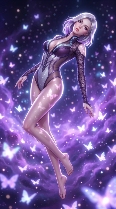 score_9, masterpiece, best quality, ultra-detailed, high-budget anime keyframe, semi-realistic 3D game render, editorial fashion photography, tasteful artistic composition, Caucasian woman. low angle full-body shot from head to toe showing her feet, 