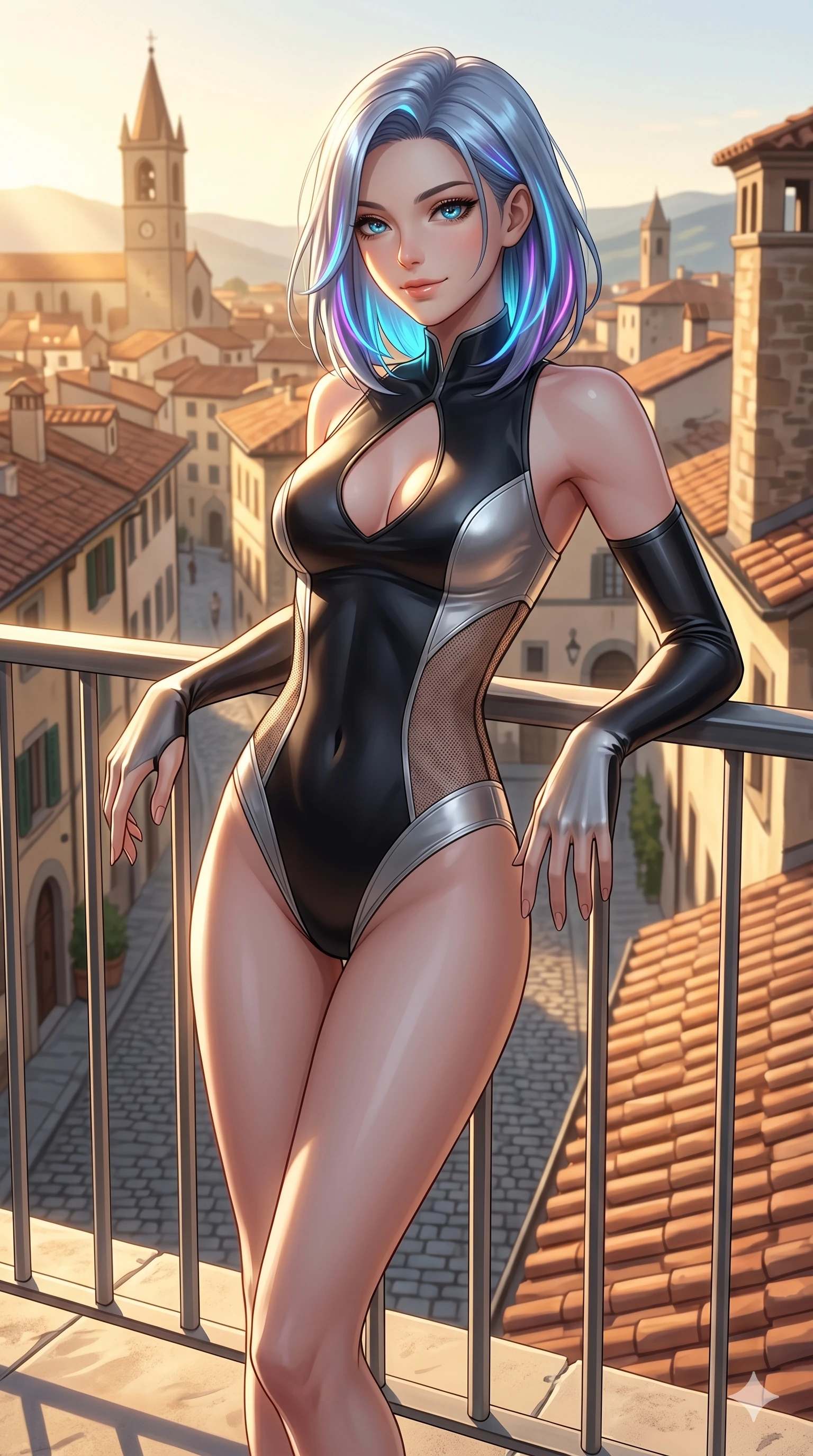 score_9, masterpiece, best quality, ultra-detailed, high-budget anime keyframe, editorial fashion photography, tasteful artistic composition, Caucasian woman, strictly human ears. cowboy shot from the thighs up, character and outfit filling the frame for maximum editorial presence. leaning back gracefully with a serene, relaxed smile, letting the warm sun wash over her face leaning against the railing of a sunlit private rooftop terrace overlooking a historic European town (Code-P120). She has an absolutely perfect 8-heads proportion, an exceptionally tall and slender female figure with impossibly long slender legs and an ultra-slim waist. V-shaped jawline, high-bridge nose, intricate jewel-like eyes with depth, thick eyelashes, glossy lips with a natural sheen. wearing a sleek, glove-like bodysuit with elegant keyhole cutout and side mesh panels. bathed in warm afternoon sunbeams casting long, soft shadows and highlighting her slender waist. 2k, ultra detail, master piece, 9:16 ratio