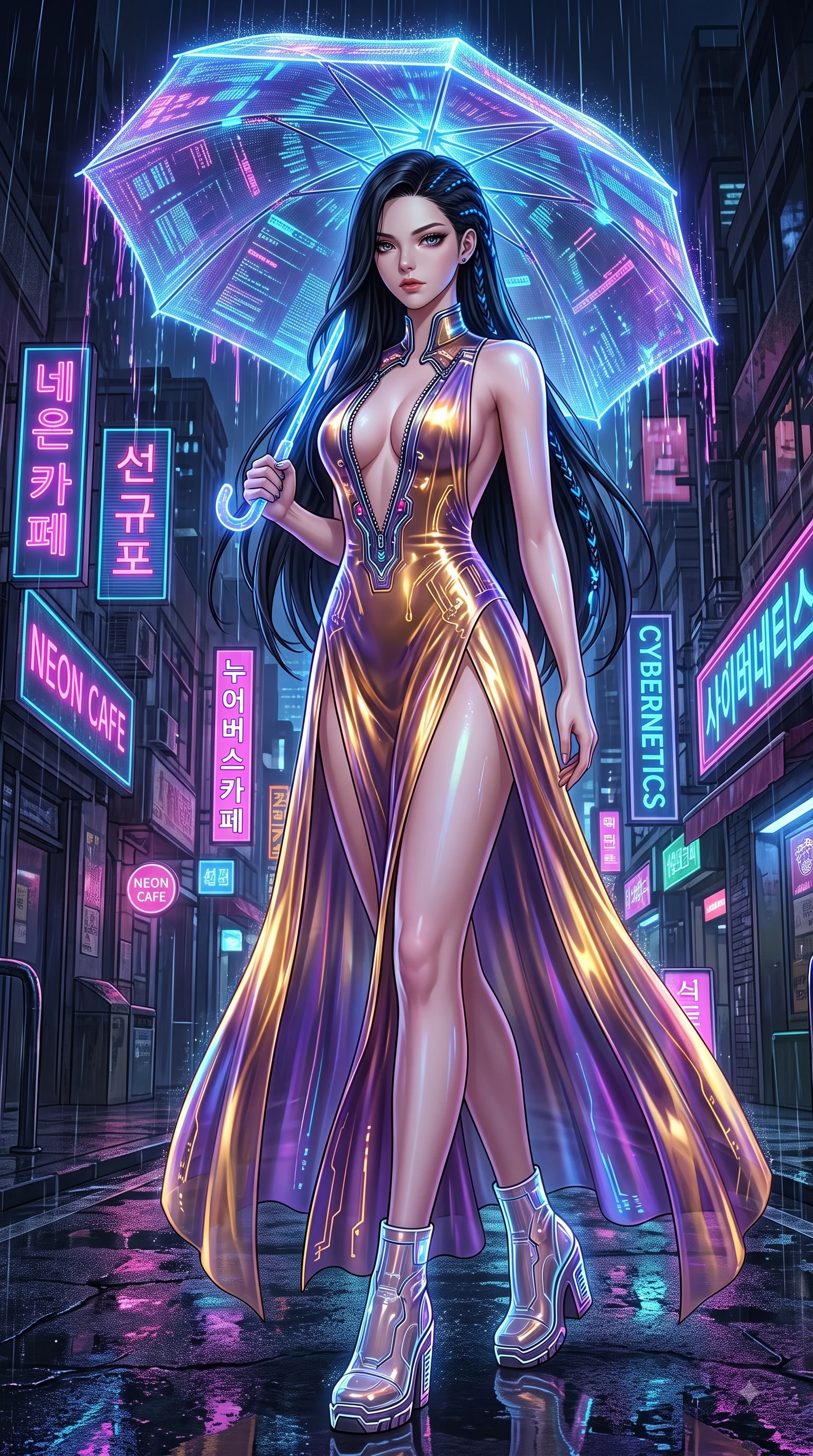 score_9, masterpiece, best quality, ultra-detailed, high-budget anime keyframe, semi-realistic 3D game render, editorial fashion photography, tasteful artistic composition, Korean woman. low angle full-body shot from head to toe showing her feet, filling the entire 9:16 vertical frame with her statuesque presence, stretching her vertical silhouette. striding forward in a proud, statuesque motion with a dangerous smolder, her vertical silhouette dominating the frame from head to toe while pausing beneath a glowing holographic umbrella as neon rain streams down her form-contouring outfit. The surrounding environment is rendered in vivid detail and crisp panoramic clarity. vivid contrast between dark wet textures and vibrant neon illumination in panoramic precision. She has an absolutely perfect, statuesque 8.5-heads proportion, an exceptionally tall and slender model-like female figure with impossibly long slender legs and an ultra-slim waist. sharp v-shaped jawline, high-bridge nose, intricate jewel-like eyes with depth, thick eyelashes, glossy lips with a natural sheen, flawlessly proportioned anatomical accuracy, natural body alignment, perfectly sculpted elegant limbs, clean dynamic posture without body distortion. wearing a translucent iridescent chiffon gown with a plunging neckline, high dual thigh slits, and an open back in lustrous molten gold and pure deep violet, crafted from ultra-reflective second-skin latex with a glass-like polish, featuring a dangerously unzipped neckline framed by glowing cybernetic accents, the glove-like fit tightly following every curve of her statuesque athletic build. surrounded by a gritty, glamorous, and intensely cinematic cyberpunk noir atmosphere. highly saturated vibrant anime colors, detailed shading with soft gradients, rich glossy textures, high-contrast stereoscopic depth, volumetric dynamic lighting, master piece, 9:16 ratio