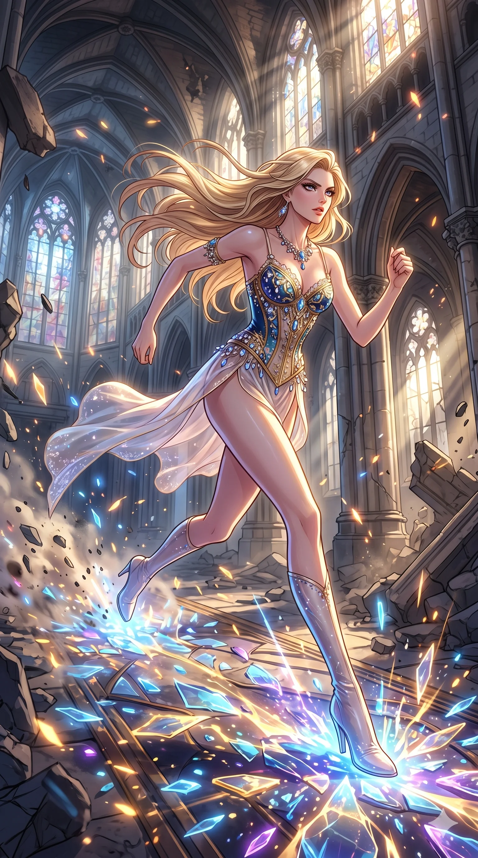 score_9, masterpiece, best quality, ultra-detailed, Set A: High-budget Anime Keyframe, Caucasian (strictly human ears) woman. Low angle cowboy shot filling the entire 9:16 frame with her statuesque presence. Sprinting through a shattered glass cathedral, as the ground beneath her turns into 221 shards of light and surrounded by glowing energy sparks. She has an absolutely perfect 8-heads proportion, an exceptionally tall and slender female figure with impossibly long slender legs and an ultra-slim waist. Sharp v-shaped jawline, high-bridge nose, intricate jewel-like eyes with depth, thick eyelashes, glossy lips with a natural sheen. Wearing Intricate jewel-encrusted corset over a sheer silk slip with high-cut leg line. Cinematic lighting, vibrant colors, dramatic shadows, 2k, ultra detail, master piece, 9:16 ratio