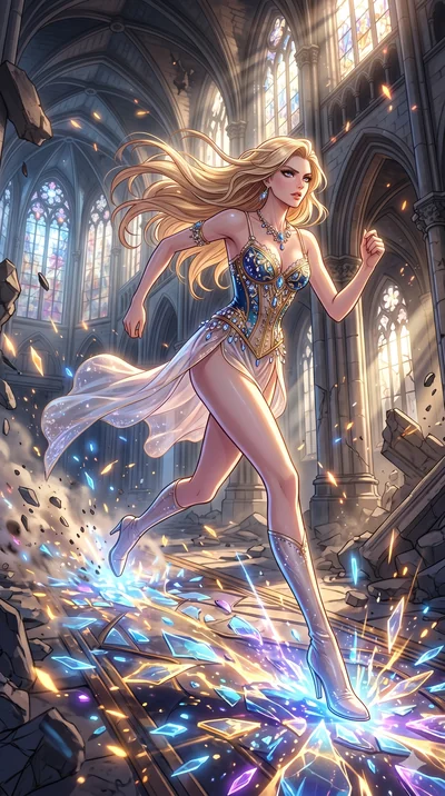 score_9, masterpiece, best quality, ultra-detailed, Set A: High-budget Anime Keyframe, Caucasian (strictly human ears) woman. Low angle cowboy shot filling the entire 9:16 frame with her statuesque presence. Sprinting through a shattered glass cathed