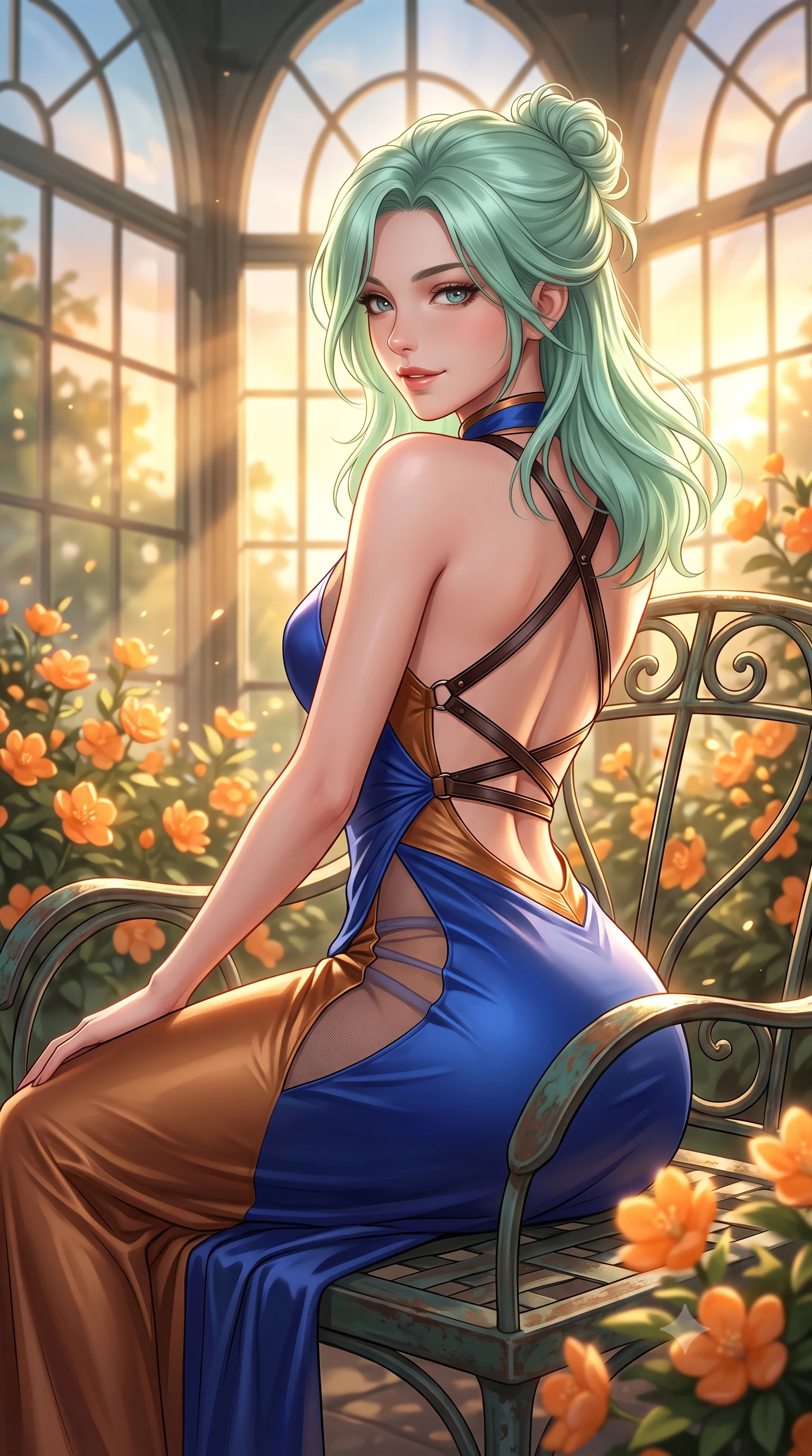 score_9, masterpiece, best quality, ultra-detailed, high-budget anime keyframe, semi-realistic 3D game render, editorial fashion photography, tasteful artistic composition, Japanese woman. close-up cowboy shot from the waist and thighs up, the character dominates the composition, filling the frame with her large presence. turning over a bare shoulder with an intoxicating, teasing smile, her soft hair framing her sharp jawline as her hips angle gracefully while reclining across a wrought-iron garden lounger surrounded by flowering orange blossoms, her flat midriff and feminine hips bathed in golden sunset rays. The composition keeps background elements in soft focus with creamy bokeh. sunbeams pouring through glass panes and orange blossom petals softened in elegant Austrian shallow focus. She has an exceptionally elegant, slender, and willowy female figure with an ultra-slim waist, flat toned midriff, narrow ribcage, and sculpted feminine hips creating an alluring, slim hourglass silhouette without bulk. sharp v-shaped jawline, high-bridge nose, intricate jewel-like eyes with depth, thick eyelashes, glossy parted lips with a natural sheen, intensely captivating and seductive bedroom-eyes expression, flawlessly proportioned anatomical accuracy, strict slender model proportions, natural body alignment, perfectly sculpted long slender limbs, ultra-slim waistline, clean dynamic posture without body distortion. wearing a wet-look silk fusion wrap dress with asymmetrical sheer mesh cutouts and high Mandarin collar in royal sapphire blue and liquid bronze, tailored from liquid silk jersey adhering flawlessly to her slender build, featuring an open-back criss-cross harness strap in dark leather, the glove-like aerodynamic silhouette tightly following the natural contour of her hips and long slender legs with statuesque 8.5-heads elegance. bathed in dramatic golden hour sunset rays streaming through towering glasshouse arched windows. highly saturated vibrant anime colors, detailed shading with soft gradients, rich glossy textures, high-contrast stereoscopic depth, volumetric dynamic lighting, master piece, 9:16 ratio