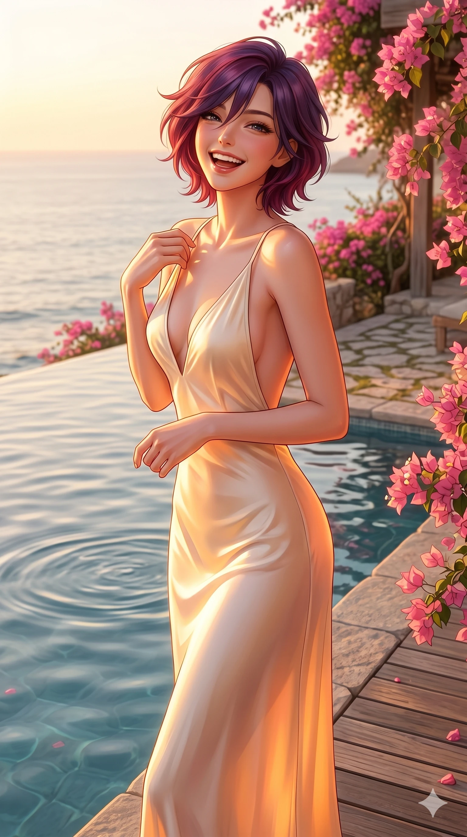 score_9, masterpiece, best quality, ultra-detailed, high-budget anime keyframe, editorial fashion photography, tasteful artistic composition, Korean woman. cowboy shot from the thighs up, character and outfit filling the frame for maximum editorial presence. laughing joyfully, her eyes shining with happy energy, head tilted slightly in a tease standing by a pool of a luxury beach villa with pink bougainvillea flowers. She has an absolutely perfect 8-heads proportion, an exceptionally tall and slender female figure with impossibly long slender legs and an ultra-slim waist. V-shaped jawline, high-bridge nose, intricate jewel-like eyes with depth, thick eyelashes, glossy lips with a natural sheen. wearing a soft cream silk slip dress with a plunging V-neckline and a deep open back. drenched in warm golden hour light that makes the pink flowers and dress glow intensely. 2k, ultra detail, master piece, 9:16 ratio