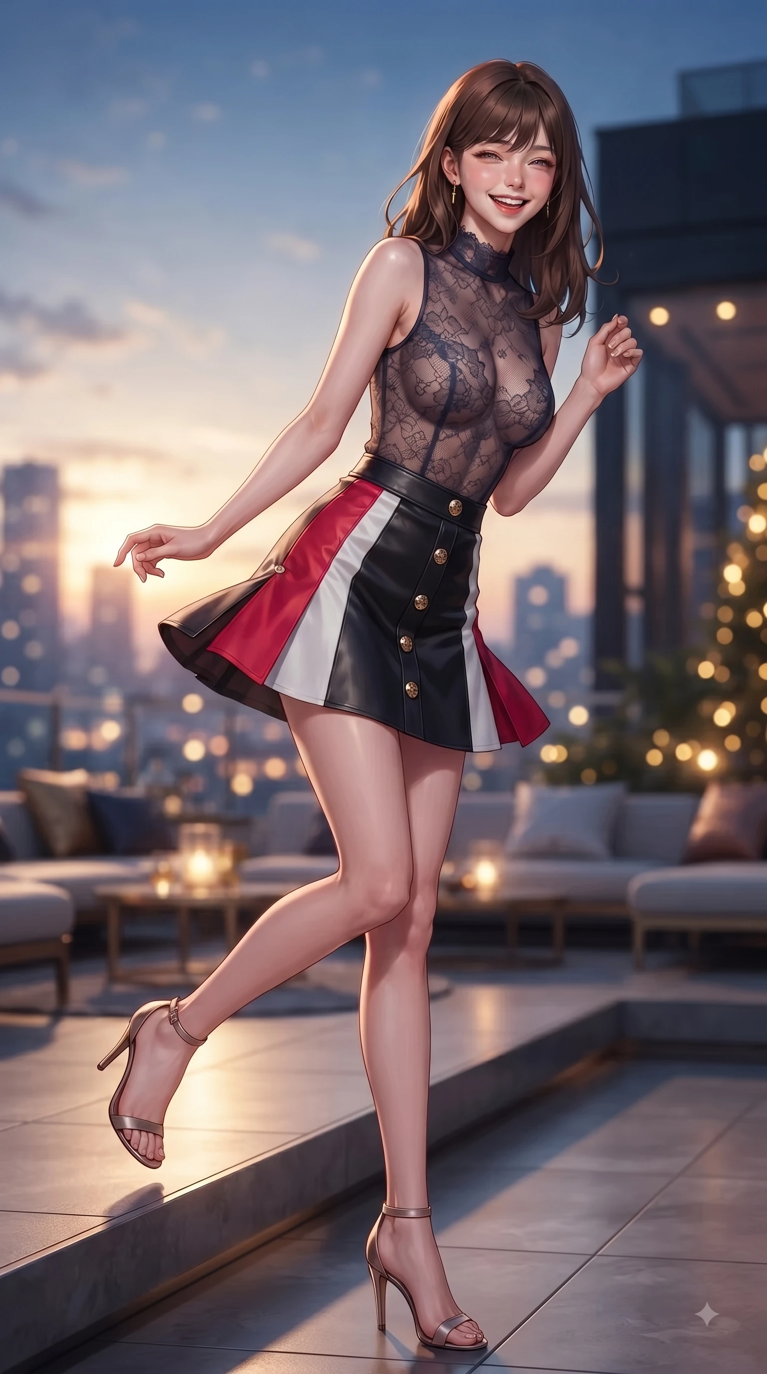 score_9, masterpiece, best quality, ultra-detailed, high-budget anime keyframe, editorial fashion photography, tasteful artistic composition, Korean woman. low angle full-body shot from head to toe showing her feet, filling the entire 9:16 vertical frame with her statuesque presence, stretching her vertical silhouette. Playful cute grin with eyes crinkling in pure girlhood delight, leaning forward with adorable energy while stepping gracefully onto an open-air rooftop lounge as golden sunset city lights twinkle. The composition keeps background elements in soft focus with dreamy bokeh. metropolitan skyline silhouettes blurred into a dramatic evening backdrop. She has an absolutely perfect, statuesque 8.5-heads proportion, an exceptionally tall and slender model-like female figure with impossibly long slender legs and an ultra-slim waist. sharp v-shaped jawline, high-bridge nose, intricate jewel-like eyes with depth, thick eyelashes, glossy lips with a natural sheen, flawlessly proportioned anatomical accuracy, natural body alignment, perfectly sculpted elegant limbs, clean dynamic posture without body distortion. wearing a sheer dark lace pattern bodysuit over a structured black leather mini skirt in vibrant crimson red and crisp snow white, woven from fine lightweight chiffon fluttering gracefully, finished with gold metallic hardware buttons along the front, the form-contouring material accentuating her ultra-slim waist and long lines. surrounded by an opulent, glamorous, and high-fashion nightlife editorial aura. ultra-reflective glossy finish, specular highlights, metallic sheen, high-contrast stereoscopic depth, volumetric dynamic lighting, 2k, ultra detail, master piece, 9:16 ratio