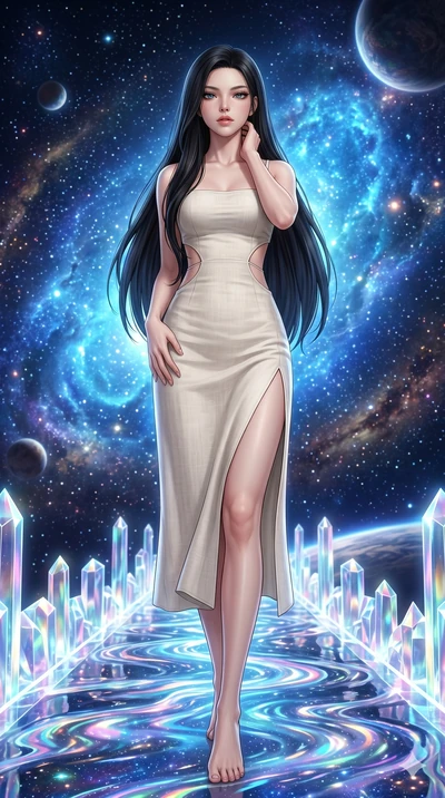 score_9, masterpiece, best quality, ultra-detailed, Set A: Photorealistic 8k CG, Japanese woman. Low angle cowboy shot filling the entire 9:16 frame with her statuesque presence. Standing on a bridge of light over a river of liquid starlight. She has