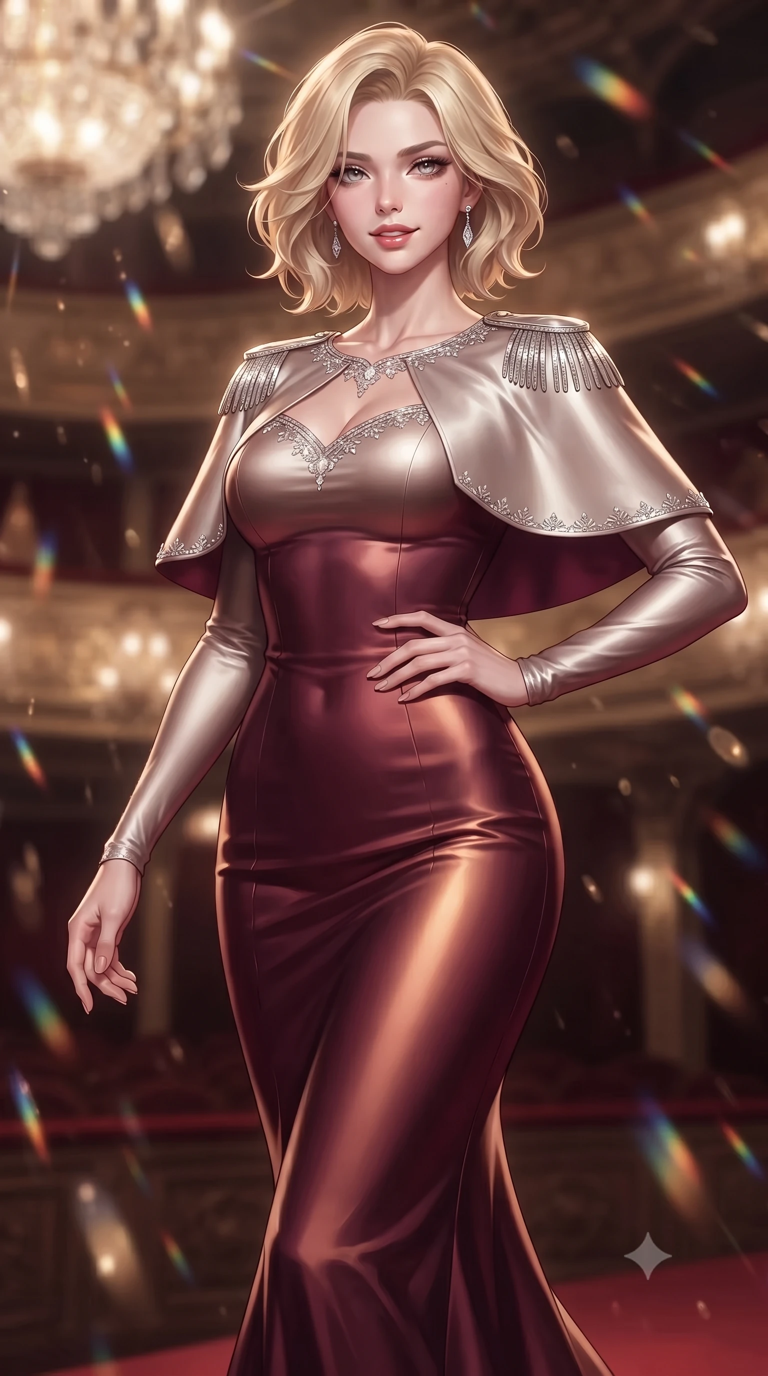 score_9, masterpiece, best quality, ultra-detailed, high-budget anime keyframe, editorial fashion photography, tasteful artistic composition, Caucasian woman. close-up cowboy shot from the waist and thighs up, the character dominates the composition, filling the frame with her large presence. smiling with subtle, enchanting allure and glossy parted lips, one hand resting on her waist with effortless supermodel poise while stepping along the private opera loge walkway with sweeping couture elegance and magnetic charisma. The composition keeps background elements in soft focus with creamy bokeh. shimmering chandelier prism refractions scattering warm champagne light motes across the royal theater. She has an exceptionally elegant, slender, and willowy female figure with an ultra-slim waist, a gracefully sculpted slender torso, toned flat midriff, and a refined slim silhouette. sharp v-shaped jawline, high-bridge nose, intricate jewel-like eyes with depth, thick eyelashes, glossy lips with a natural sheen, captivating and magnetic expression, flawlessly proportioned anatomical accuracy, strict slender model proportions, natural body alignment, perfectly sculpted long slender limbs, ultra-slim waistline, clean dynamic posture without body distortion. wearing a modern royal capelet gown with platinum shoulder epaulets and a slender column skirt in rich wine burgundy and liquid bronze, tailored from ultra-smooth duchess satin with a pearlescent sheen, finished with delicate crystal embroidery along the neckline and hem, the glove-like aerodynamic second-skin fit tightly clinging to her ultra-slender waist and athletic curves without adding bulk, accentuating her razor-sharp statuesque lines and slim hourglass silhouette. illuminated by crisp directional key light defining her razor-sharp jawline and ultra-slim waist. ultra-reflective glossy finish, specular highlights, rich textural contrasts, high-contrast stereoscopic depth, volumetric dynamic lighting, 2k, ultra detail, master piece, 9:16 ratio
