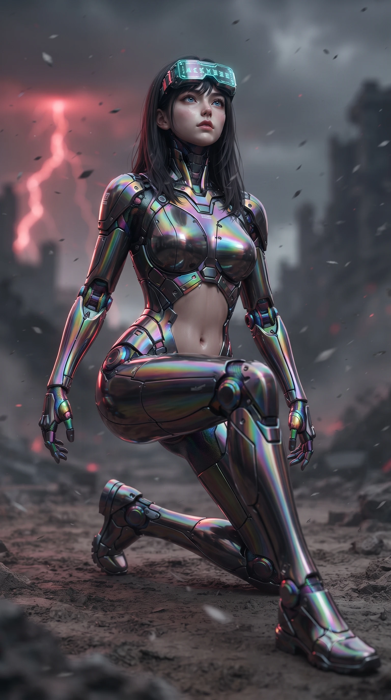 score_9, masterpiece, best quality, ultra-detailed, high-budget anime keyframe, editorial fashion photography, tasteful artistic composition, Korean woman. low angle full-body shot from head to toe showing her feet, filling the entire 9:16 vertical frame with her statuesque presence, stretching her vertical silhouette. striding forward with sovereign warrior elegance in a low, predatory combat advance through the ruins, hips swaying with fierce athletic poise while kneeling on one knee to inspect the barren earth, looking up with a piercing, majestic gaze through drifting ash flakes. The composition keeps background elements in soft focus with creamy bokeh. distant red lightning storm forks and swirling volcanic ash sheets blurred into dark slate, crimson, and charcoal bokeh. She has an absolutely perfect, statuesque 8.5-heads proportion, an exceptionally tall and slender model-like female figure with impossibly long slender legs, a toned flat midriff, and an ultra-slim waist. sharp v-shaped jawline, high-bridge nose, intricate jewel-like eyes with depth, thick eyelashes, glossy lips with a natural sheen, fierce and resolute heroine expression, flawlessly proportioned anatomical accuracy, strict slender model proportions, natural body alignment, perfectly sculpted long slender limbs, ultra-slim waistline, clean dynamic posture without body distortion. wearing high-tech holographic tactical goggles resting tipped up on her forehead, casting glowing neon runes across her brow without obscuring her features, paired with an ultra-sleek high-gloss carbon-composite exoskeleton suit featuring kinetic shock-absorbing shin guards and flexible limb articulation joints in high-gloss iridescent rainbow carbon with scorched titanium plating, made of lightweight aerodynamic carbon-titanium alloy with precision-beveled armor seams, finished with high-mobility flexible armor articulation seams and miniature magnetic locks, the precision-cut daring openings accentuating her delicate midriff, graceful bare collarbones, and ultra-slim feminine waistline. bathed in eerie crimson lightning storm backlighting and ominous dark ash ambient fill. ultra-reflective glossy finish, specular highlights, dark metallic sheen, high-contrast stereoscopic depth, volumetric dynamic lighting, 2k, ultra detail, master piece, 9:16 ratio