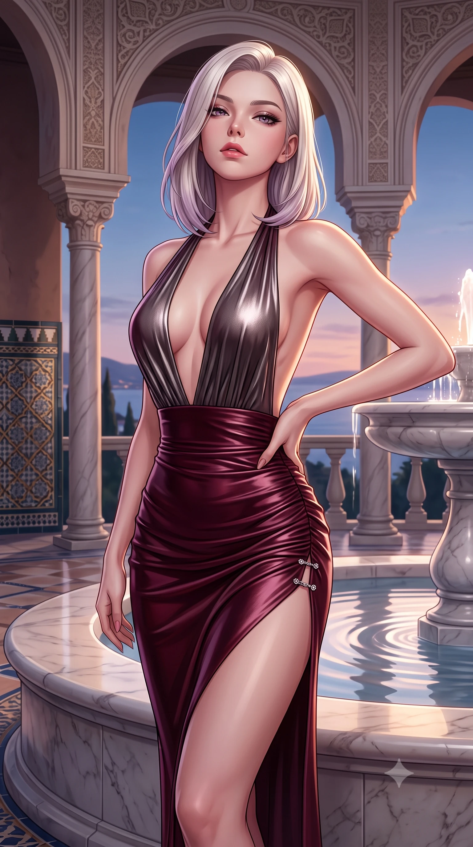 score_9, masterpiece, best quality, ultra-detailed, high-budget anime keyframe, semi-realistic 3D game render, editorial fashion photography, tasteful artistic composition, Caucasian woman. close-up cowboy shot from the waist and thighs up, the character dominates the composition, filling the frame with her large presence. tilting her chin up with proud, sovereign allure while gazing through thick eyelashes, one hand resting on her waist in pure supermodel charisma while twisting her slender torso in an alluring S-curve along the colonnaded loggia, her silk dress catching the warm evening Mediterranean breeze. The surrounding environment is rendered in vivid detail and crisp panoramic clarity. sharp metallic glaze on Renaissance tilework, intricate plaster arabesques, and marble fountain rim in deep focus. She has an exceptionally elegant, slender, and willowy female figure with an ultra-slim waist, flat toned midriff, narrow ribcage, and sculpted feminine hips creating an alluring, slim hourglass silhouette without bulk. sharp v-shaped jawline, high-bridge nose, intricate jewel-like eyes with depth, thick eyelashes, glossy parted lips with a natural sheen, intensely captivating and seductive bedroom-eyes expression, flawlessly proportioned anatomical accuracy, strict slender model proportions, natural body alignment, perfectly sculpted long slender limbs, ultra-slim waistline, clean dynamic posture without body distortion. wearing a plunging halter-neck metallic lamé column dress with a dramatic bare spine and hip-defining ruching in deep wine burgundy and brushed dark platinum, tailored from liquid silk jersey adhering flawlessly to her slender build, finished with an ultra-high side slit secured by miniature jeweled clasps, the liquid-tight tailored fabric clinging flawlessly to her narrow waist and rounded feminine hips, emphasizing every millimeter of her sculpted slim hourglass curves without any bulky heaviness. illuminated by soft specular fountain reflections sharply defining her sculpted collarbones, ultra-slim waist, and curvy hips. highly saturated vibrant anime colors, detailed shading with soft gradients, rich glossy textures, high-contrast stereoscopic depth, volumetric dynamic lighting, master piece, 9:16 ratio