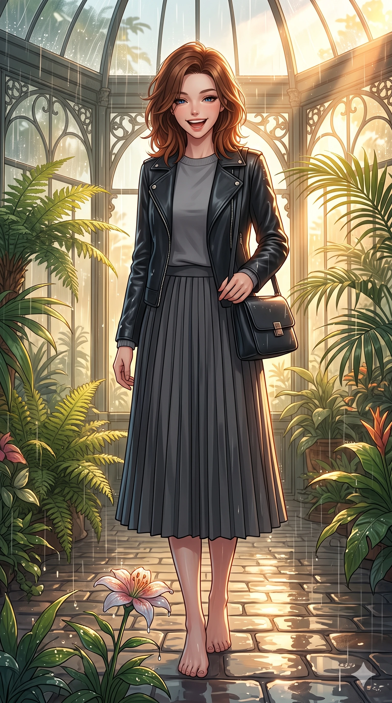 score_9, masterpiece, best quality, ultra-detailed, high-budget anime keyframe, vibrant anime aesthetic, Korean woman. low angle full-body shot from head to toe showing her feet, filling the entire 9:16 vertical frame with her statuesque presence, stretching her vertical silhouette. She is laughing happily while looking down at a blooming rain-drenched flower, her eyes glowing with lively energy surrounded by fresh morning mist. inside an elegant art-nouveau conservatory filled with lush ferns, under a sun shower with volumetric light beams (Code-P22-034). She has an absolutely perfect 8-heads proportion, an exceptionally tall and slender female figure with impossibly long slender legs and an ultra-slim waist. V-shaped jawline, high-bridge nose, intricate jewel-like eyes with depth, thick eyelashes, glossy lips with a natural sheen. wearing a sleek black leather jacket over a grey crewneck sweater and a pleated midi skirt with a designer bag. She is bathed in glowing sunset light reflecting off wet cobblestones, creating a warm, inviting, and atmospheric glow during a refreshing sun shower. 2k, ultra detail, master piece, 9:16 ratio