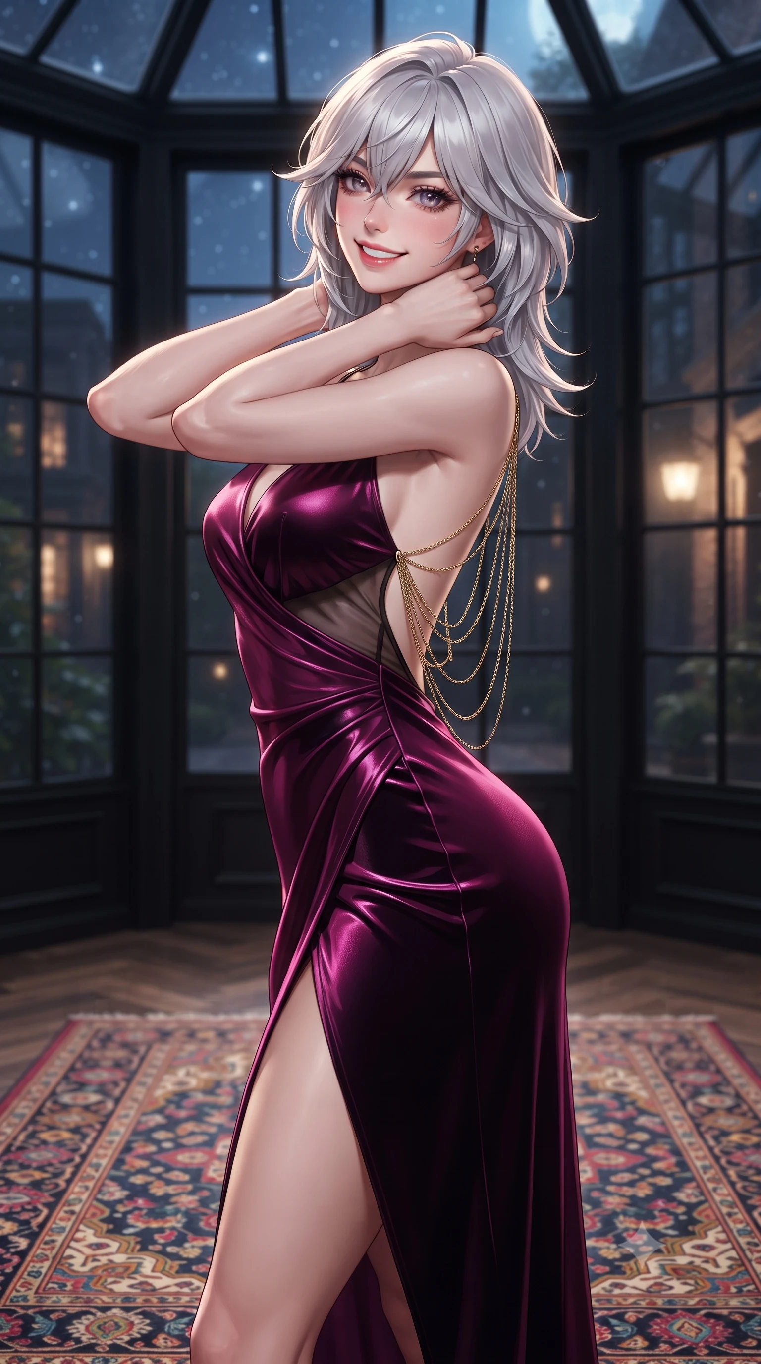 score_9, masterpiece, best quality, ultra-detailed, high-budget anime keyframe, editorial fashion photography, tasteful artistic composition, Japanese woman. close-up cowboy shot from the waist and thighs up, the character dominates the composition, filling the frame with her large presence. resting both hands lightly behind her neck with elbows raised, arching her spine to highlight her narrow waist, flat midriff, and breathtaking collarbones while twisting her slender torso in an alluring contrapposto stance on the Persian rug, starlight and streetlamp glow tracing her narrow waist and hips. The surrounding environment is rendered in vivid detail and crisp panoramic clarity: sharp black steel sash window mullions, antique Persian wool rug knots, and greenhouse glass structural ribs in deep focus. She has an exceptionally elegant, slender, and willowy female figure with an ultra-slim waist, flat toned midriff, narrow ribcage, and sculpted feminine hips creating an alluring, slim hourglass silhouette without bulk. sharp v-shaped jawline, high-bridge nose, intricate jewel-like sparkling eyes with depth, thick eyelashes, glossy parted lips with a natural peach sheen, bright cheerful beaming smile with an enchanting and coquettish sensual glint, exuding both youthful cute charm and seductive allure, flawlessly proportioned anatomical accuracy, strict slender model proportions, natural body alignment, perfectly sculpted long slender limbs, ultra-slim waistline, clean dynamic posture without body distortion. wearing an alluring backless sheer organza wrap dress with hip-high slit clinging softly in the Aegean sea breeze in Gangnam electric magenta noir and glossy onyx, tailored from ultra-plush silk velvet with rich tactile depth and deep shadow gradients, accented with an open-back drape framed by falling strands of delicate gold chains, the form-contouring silhouette accentuating her sculpted flat midriff, narrow delicate ribcage, and gracefully curvy hips with intoxicating allure. illuminated by skylight moonbeam bounce and sharp champagne-gold rim lights defining her jawline, flat midriff, and feminine hips. ultra-reflective glossy finish, specular highlights, rich textural contrasts, high-contrast stereoscopic depth, volumetric dynamic lighting, 2k, ultra detail, master piece, 9:16 ratio