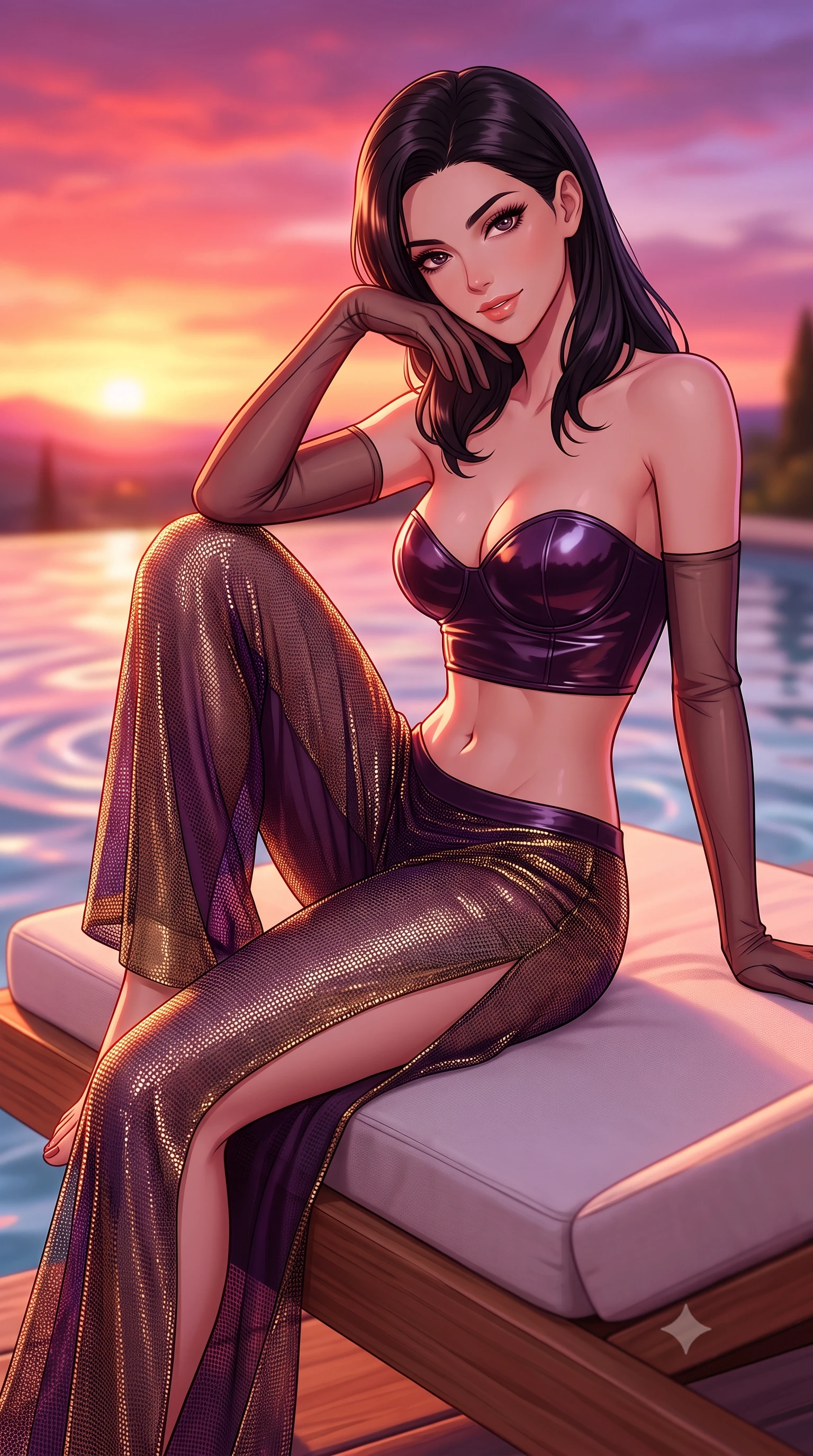 score_9, masterpiece, best quality, ultra-detailed, high-budget anime keyframe, semi-realistic 3D game render, editorial fashion photography, tasteful artistic composition, Japanese woman. close-up cowboy shot from the waist and thighs up, the character dominates the composition, filling the frame with her large presence. perched sideways on the lounge seat, one knee drawn up to showcase her slender leg line while her arched back accentuates her feminine hip curve while lounging across the floating teak daybed propped on one elbow, her statuesque 8.5-heads silhouette commanding the idyllic Italian estate. The background shows a soft-focus swirling pool water ripples softened in cinematic Mediterranean shallow focus. She has an exceptionally elegant, slender, and willowy female figure with an ultra-slim waist, flat toned midriff, narrow ribcage, and sculpted feminine hips creating an alluring, slim hourglass silhouette without bulk. sharp v-shaped jawline, high-bridge nose, sparkling eyes with hypnotic seductive depth, thick curled eyelashes, glossy parted lips with a natural dewy peach sheen, alluring bedroom-eyes with an enchanting coquettish smile, exuding magnetic siren charisma and sophisticated glamour, flawlessly proportioned anatomical accuracy, strict slender model proportions, natural body alignment, perfectly sculpted long slender limbs, ultra-slim waistline, clean dynamic posture without body distortion. wearing a wet-look form-fitting vinyl bustier paired with sheer chiffon high-slit wide-leg trousers in rich dark plum violet and gilded antique brass, crafted from shimmering fluid chainmail mesh reflecting ambient lights, complemented by sheer opera-length evening gloves tracing her slender arms, the form-contouring silhouette accentuating her sculpted flat midriff, narrow delicate ribcage, and gracefully curvy hips with intoxicating allure. bathed in saturated crimson, apricot, and lavender sunset light blazing across the Tuscan sky. highly saturated vibrant anime colors, detailed shading with soft gradients, rich glossy textures, high-contrast stereoscopic depth, volumetric dynamic lighting, master piece, 9:16 ratio
