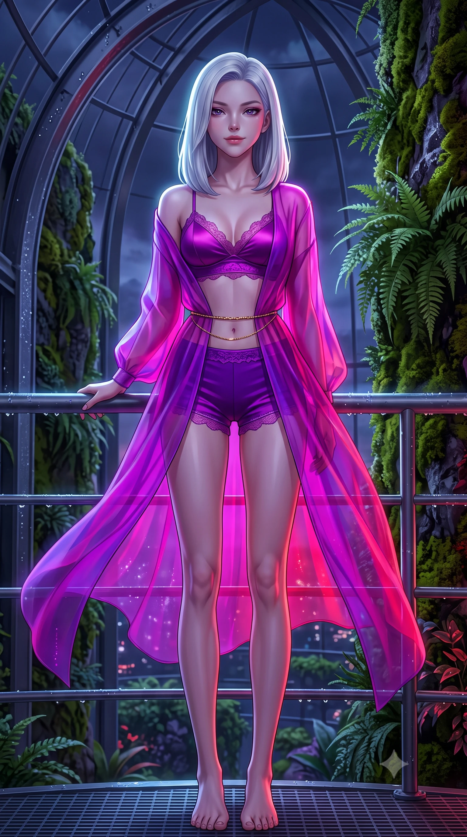 score_9, masterpiece, best quality, ultra-detailed, high-budget anime keyframe, semi-realistic 3D game render, editorial fashion photography, tasteful artistic composition, Korean woman. low angle full-body shot from head to toe showing her feet, filling the entire 9:16 vertical frame with her statuesque presence, stretching her vertical silhouette. executing a slow, graceful pivot turn as her skirt sways around her slender legs, glancing back with an enchanting, teasing sensual expression while leaning against the structural steel handrail with hips cocked back, looking down over vertical mountain gardens with heavy-lidded bedroom-eyes. The surrounding environment is rendered in vivid detail and crisp panoramic clarity: sharp curved steel dome arches, lush moss and fern leaf textures on vertical walls, and fine water condensation beads in deep focus. She has an exceptionally tall and slender model-like 8.5-heads proportion, an ultra-slim waist, a flat toned midriff, narrow delicate ribcage, and beautifully sculpted feminine hips creating a graceful, slim hourglass silhouette without any bulky heaviness, with impossibly long slender legs. sharp v-shaped jawline, high-bridge nose, intricate jewel-like sparkling eyes with depth, thick eyelashes, glossy parted lips with a natural peach sheen, bright cheerful beaming smile with an enchanting and coquettish sensual glint, exuding both youthful cute charm and seductive allure, flawlessly proportioned anatomical accuracy, strict slender model proportions, natural body alignment, perfectly sculpted long slender limbs, ultra-slim waistline, clean dynamic posture without body distortion. wearing a sheer silk organza modern caftan robe worn loose and slipping off bare shoulders over a matching satin bralette and micro-shorts in Supertree bioluminescent magenta and electric violet, made of delicate semi-sheer French Chantilly lace with intricate eyelash edges, accented with a dainty gold belly chain resting across her flat midriff and curving hips, the high-slit wrap tailoring accentuating her ultra-slim waistline and the enchanting curve of her feminine hips with alluring seductive charm. illuminated by condensation reflection bounce and sharp silver-cyan rim lights sculpting her jawline, narrow waist, and curvy hips. highly saturated vibrant anime colors, detailed shading with soft gradients, rich glossy textures, high-contrast stereoscopic depth, volumetric dynamic lighting, master piece, 9:16 ratio