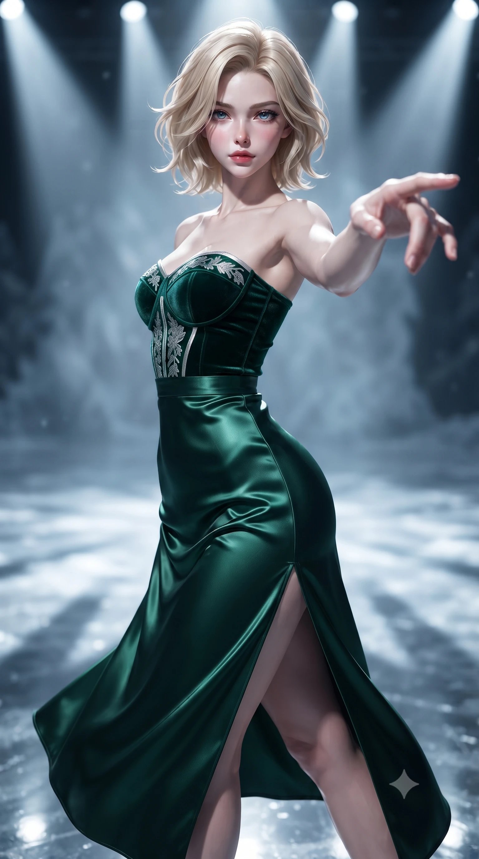 score_9, masterpiece, best quality, ultra-detailed, high-budget anime keyframe, editorial fashion photography, tasteful artistic composition, Caucasian woman. close-up cowboy shot from the waist and thighs up, the character dominates the composition, filling the frame with her large presence, background elements kept in soft focus. Reaching her hand gracefully toward the camera with magnetic allure, her torso turning in a dynamic S-curve alignment while pivoting in a mid-stride turn while her velvet gown swirls over a glacial mirror floor, dramatic opera spotlights casting sharp dynamic shadows across the frozen stage. She has an exceptionally elegant, slender, and willowy female figure with an ultra-slim waist, a gracefully sculpted slender torso, and a refined silhouette. sharp v-shaped jawline, high-bridge nose, intricate jewel-like eyes with depth, thick eyelashes, glossy lips with a natural sheen, flawlessly proportioned anatomical accuracy, natural body alignment, perfectly sculpted elegant limbs, clean dynamic posture without body distortion. wearing a modern fusion silk hanbok dress with a structured bodice and flowing skirt in deep emerald green and silver accent, crafted from lustrous satin jersey with fluid draping, finished with a sleek side slit ascending to mid-thigh, the elegant draped fit framing her graceful clavicle and slender torso. surrounded by a high-contrast icy luminescence and deep velvet shadows. ultra-reflective glossy finish, specular highlights, metallic sheen, high-contrast stereoscopic depth, volumetric dynamic lighting, 2k, ultra detail, master piece, 9:16 ratio