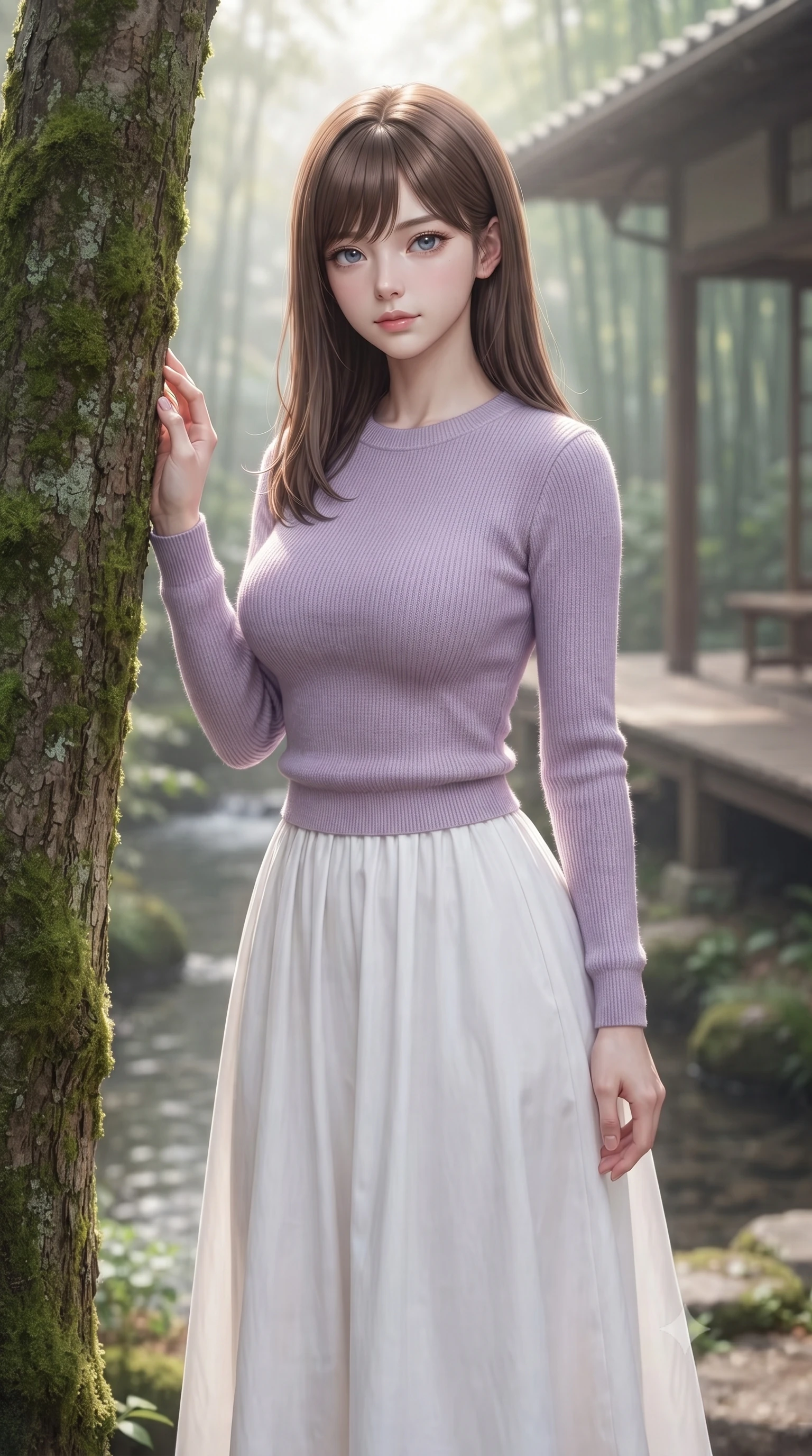 score_9, masterpiece, best quality, ultra-detailed, high-budget anime keyframe, editorial fashion photography, tasteful artistic composition, Korean woman woman. close-up cowboy shot from the waist and thighs up, the character dominates the composition, filling the frame with her large presence, background elements kept in soft focus. standing relaxed against a tree trunk, sharing a quiet, serene moment with the viewer the background shows a soft-focus a wooden deck of a traditional Japanese inn overlooking a quiet stream and bamboo grove. She has an exceptionally elegant, slender, and willowy female figure with an ultra-slim waist, a gracefully sculpted slender torso, and a refined silhouette. sharp v-shaped jawline, high-bridge nose, intricate jewel-like eyes with depth, thick eyelashes, glossy lips with a natural sheen. wearing a body-hugging soft lavender knit sweater paired with a flowy white cotton maxi skirt. soft morning mist diffusing the sunlight, creating a tranquil atmosphere. ultra-reflective glossy finish, specular highlights, metallic sheen, high-contrast stereoscopic depth, volumetric dynamic lighting, 2k, ultra detail, master piece, 9:16 ratio