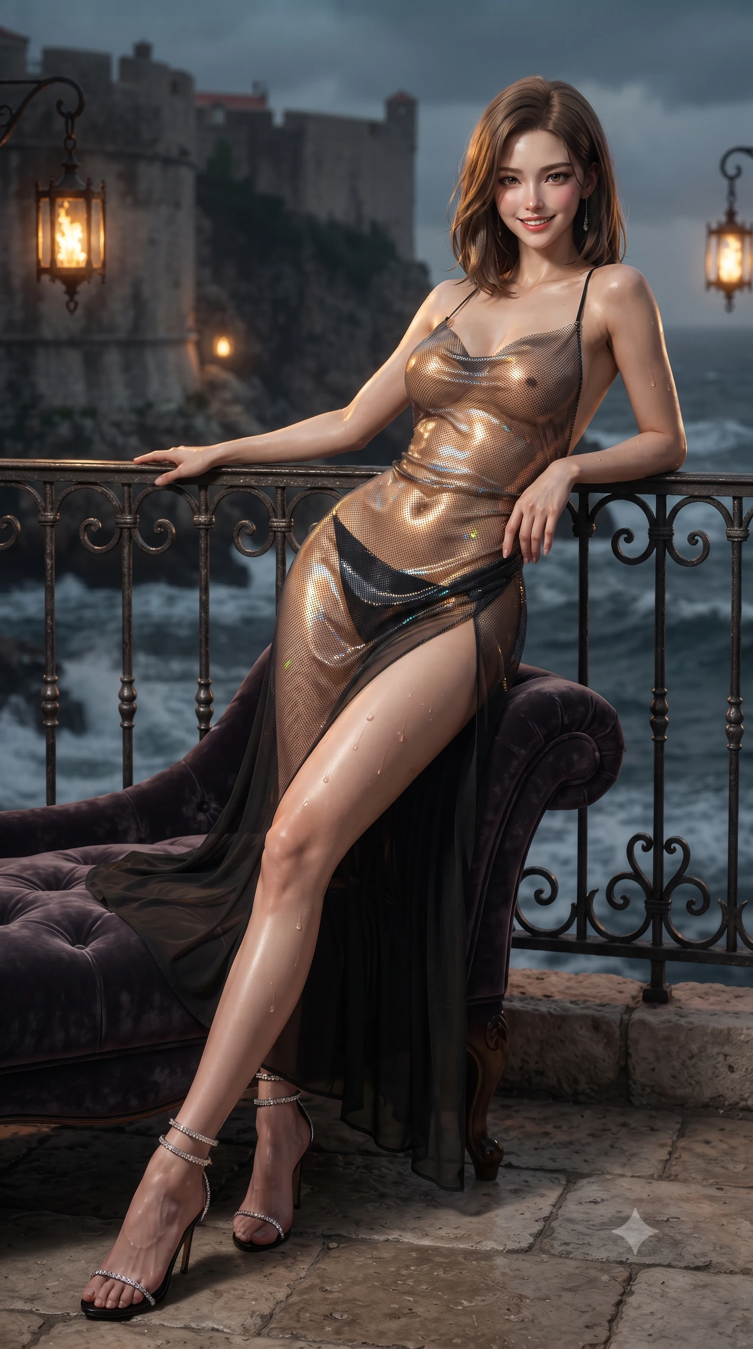 score_9, masterpiece, best quality, ultra-detailed, high-budget anime keyframe, editorial fashion photography, tasteful artistic composition, Korean woman. low angle full-body shot from head to toe showing her feet, filling the entire 9:16 vertical frame with her statuesque presence, stretching her vertical silhouette. reclining gracefully across the plush chaise lounge with one leg extended, her sculpted silhouette and flat midriff radiating magnetic nocturnal glamour while leaning against the hand-forged iron railing with hips cocked back, casting an intoxicating smoldering bedroom-gaze over the stormy dark sea. The background shows a soft-focus swinging wrought-iron lantern flames softened in dramatic medieval coastal fortification shallow focus. She has an exceptionally tall and slender model-like 8.5-heads proportion, an ultra-slim waist, a flat toned midriff, narrow delicate ribcage, and beautifully sculpted feminine hips creating a graceful, slim hourglass silhouette without any bulky heaviness, with impossibly long slender legs. sharp v-shaped jawline, high-bridge nose, intricate jewel-like sparkling eyes with depth, thick eyelashes, glossy parted lips with a natural peach sheen, bright cheerful beaming smile with an enchanting and coquettish sensual glint, exuding both youthful cute charm and seductive allure, flawlessly proportioned anatomical accuracy, strict slender model proportions, natural body alignment, perfectly sculpted long slender limbs, ultra-slim waistline, clean dynamic posture without body distortion. wearing an alluring backless sheer holographic mesh slip dress with high thigh slit clinging smoothly to her dewy skin in Hakone steaming sulfur amber and volcanic basalt black, made of sheer gossamer chiffon that drapes softly against skin with airy translucence, complemented by strappy stiletto sandals with crystal ankle wraps accentuating her slender calves, the liquid-tight tailored fabric clinging flawlessly to her narrow waist and rounded feminine hips, emphasizing every millimeter of her sculpted slim hourglass curves without any bulky heaviness. illuminated by sea foam specular reflections and sharp flame-gold rim lights defining her razor-sharp jawline, narrow waist, and curvy hips. ultra-reflective glossy finish, specular highlights, rich textural contrasts, high-contrast stereoscopic depth, volumetric dynamic lighting, 2k, ultra detail, master piece, 9:16 ratio