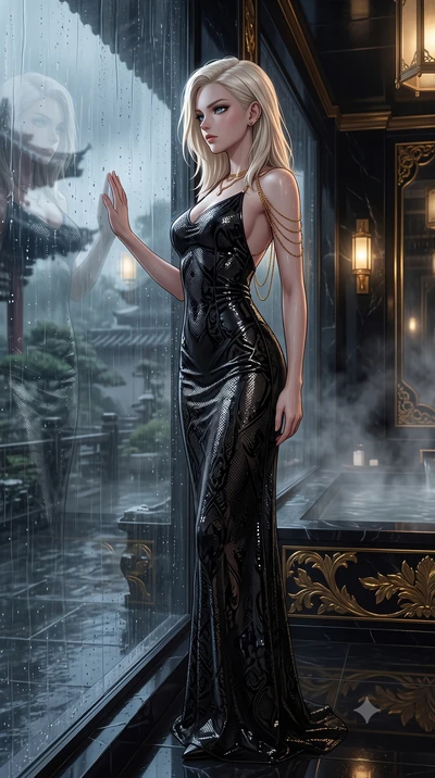 score_9, masterpiece, best quality, ultra-detailed, High-budget Anime Keyframe, Caucasian woman, strictly human ears. Dynamic full-body shot stretching the vertical silhouette to the limit. Scenario 311: looking out at the rain through a wet glass wi
