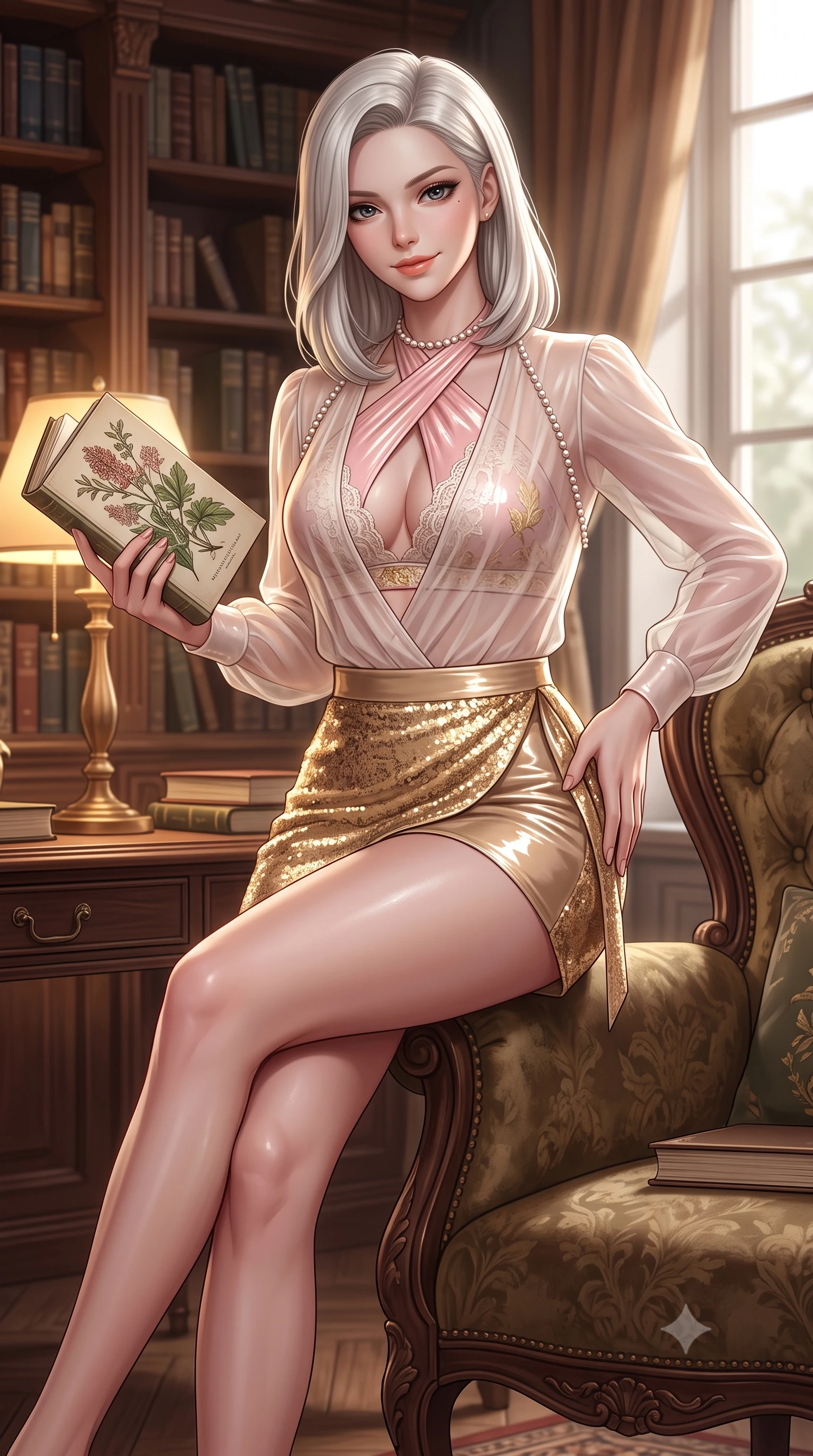 score_9, masterpiece, best quality, ultra-detailed, high-budget anime keyframe, semi-realistic 3D game render, editorial fashion photography, tasteful artistic composition, Caucasian woman. close-up cowboy shot from the waist and thighs up, the character dominates the composition, filling the frame with her large presence. tilting her head with a teasing half-smile, running one hand slowly down the side of her hip in a flirtatious S-curve as ambient light caresses her silhouette while perched sideways on an antique velvet armchair with legs crossed, holding a botanical illustration book with effortless intellectual allure. The surrounding environment is rendered in vivid detail and crisp panoramic clarity: detailed sheer organza blouse drape, dainty pearl necklace shine, and historical library furnishings in high resolution. She has an exceptionally elegant, slender, and willowy female figure with an ultra-slim waist, flat toned midriff, narrow ribcage, and sculpted feminine hips creating an alluring, slim hourglass silhouette without bulk. sharp v-shaped jawline, high-bridge nose, sparkling eyes with hypnotic seductive depth, thick curled eyelashes, glossy parted lips with a natural dewy peach sheen, alluring bedroom-eyes with an enchanting coquettish smile, exuding magnetic siren charisma and sophisticated glamour, flawlessly proportioned anatomical accuracy, strict slender model proportions, natural body alignment, perfectly sculpted long slender limbs, ultra-slim waistline, clean dynamic posture without body distortion. wearing a high-waisted gold sequin wrap mini skirt paired with a plunging criss-cross halter sports top in delicate blush peony pink and antique white lace with gold leaf, crafted from wet-look high-gloss vinyl fabric with dazzling specular surface reflections, finished with a pearl-drop body harness subtly framing her dewy collarbones and spine, the glove-like clinging cut tightly following the natural contour of her hips and long slender legs with youthful 8.5-heads elegance. bathed in warm 3000K desk lamp glow mixed with soft natural window daylight. highly saturated vibrant anime colors, detailed shading with soft gradients, rich glossy textures, high-contrast stereoscopic depth, volumetric dynamic lighting, master piece, 9:16 ratio