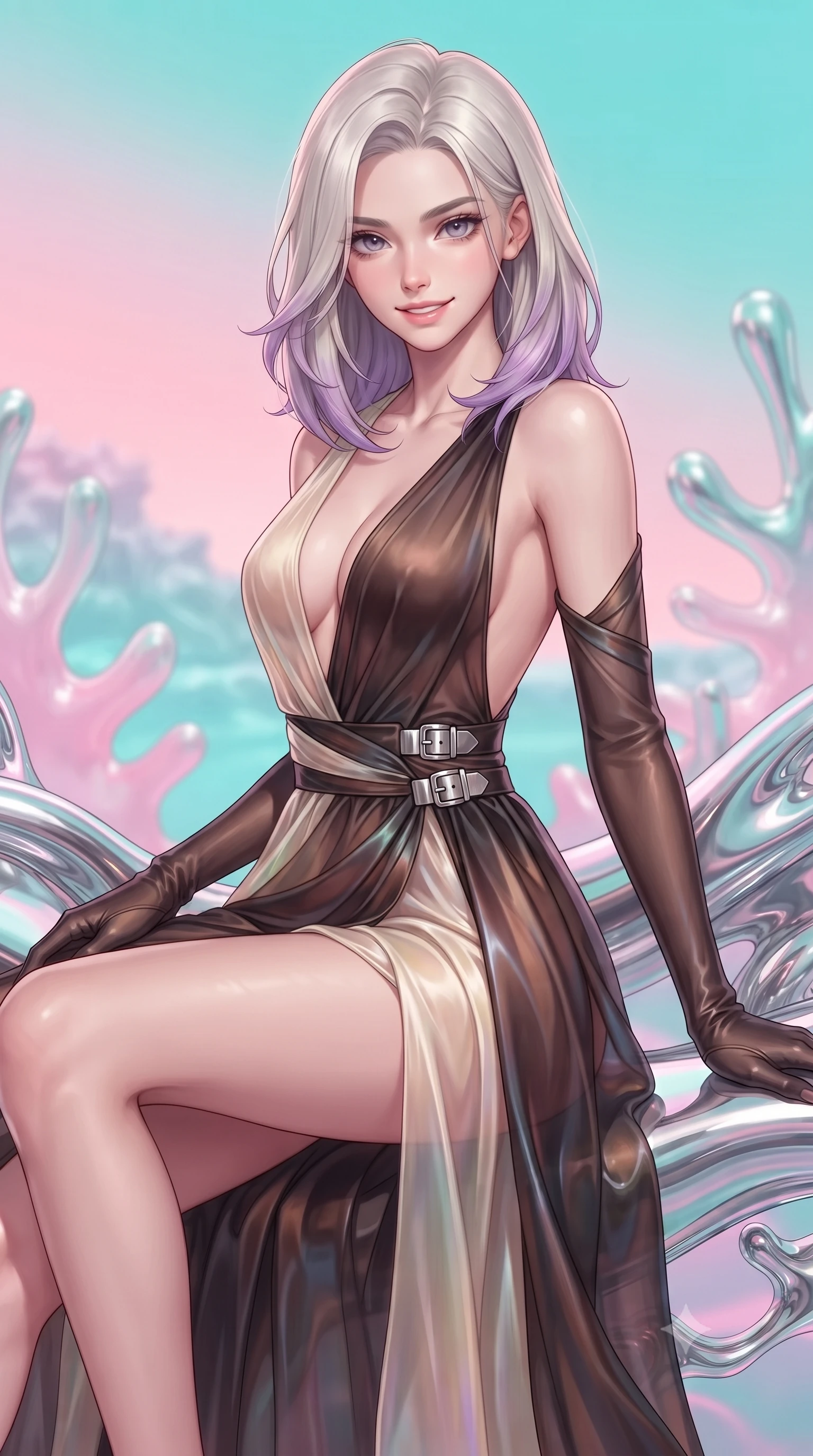 score_9, masterpiece, best quality, ultra-detailed, high-budget anime keyframe, editorial fashion photography, tasteful artistic composition, Caucasian woman. close-up cowboy shot from the waist and thighs up, the character dominates the composition, filling the frame with her large presence, background elements kept in soft focus. Smiling with quiet, magnetic self-assurance directly into the lens poised on a reflective chrome reef filled with living liquid mercury corals, pastel pink and turquoise gradients creating a nostalgic 80s aesthetic. She has an exceptionally elegant, slender, and willowy female figure with an ultra-slim waist, a gracefully sculpted slender torso, and a refined silhouette. sharp v-shaped jawline, high-bridge nose, intricate jewel-like eyes with depth, thick eyelashes, glossy lips with a natural sheen. wearing a translucent iridescent chiffon gown with a plunging neckline and open back in espresso brown and warm cream, crafted from lustrous satin jersey with fluid draping, detailed with polished silver buckles along the waistline, the glove-like fit emphasizing her statuesque silhouette. surrounded by a dreamlike vaporwave ambiance with smooth gradients. highly saturated vibrant anime colors, detailed shading with soft gradients, rich glossy textures, high-contrast stereoscopic depth, volumetric dynamic lighting, master piece, 9:16 ratio