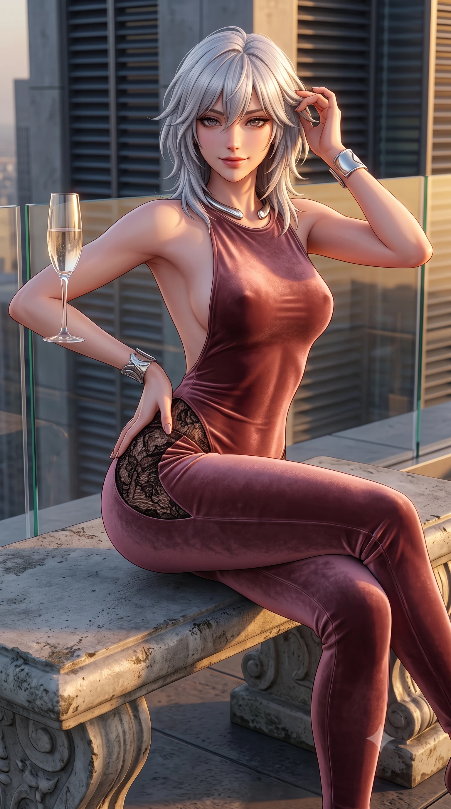 score_9, masterpiece, best quality, ultra-detailed, high-budget anime keyframe, semi-realistic 3D game render, editorial fashion photography, tasteful artistic composition, Japanese woman. close-up cowboy shot from the waist and thighs up, the character dominates the composition, filling the frame with her large presence. twisting her slender torso in an alluring contrapposto stance, one hand resting on her sculpted hip while her fingers toy with her hair with effortless poise while sitting perched on a concrete sculpture bench with legs crossed, holding a champagne flute with effortless cosmopolitan charm. The surrounding environment is rendered in vivid detail and crisp panoramic clarity: sharp bronze sculpture patina textures, glass guardrail edge bevels, and distant skyscraper architectural louvers in deep focus. She has an exceptionally elegant, slender, and willowy female figure with an ultra-slim waist, flat toned midriff, narrow ribcage, and sculpted feminine hips creating an alluring, slim hourglass silhouette without bulk. sharp v-shaped jawline, high-bridge nose, sparkling eyes with hypnotic seductive depth, thick curled eyelashes, glossy parted lips with a natural dewy peach sheen, alluring bedroom-eyes with an enchanting coquettish smile, exuding magnetic siren charisma and sophisticated glamour, flawlessly proportioned anatomical accuracy, strict slender model proportions, natural body alignment, perfectly sculpted long slender limbs, ultra-slim waistline, clean dynamic posture without body distortion. wearing a backless plunge-front second-skin velvet jumpsuit with fluid tapered legs and sheer lace hip inserts in dusky blush rose and antique black lace, crafted from fluid liquid silk satin that clings smoothly to every curve with a dewy sheen, finished with a sculptural silver torque collar and a matching wide architectural wrist cuff, the form-contouring silhouette accentuating her sculpted flat midriff, narrow delicate ribcage, and gracefully curvy hips with intoxicating allure. bathed in radiant golden hour sunset illumination washing horizontally across the rooftop terrace. highly saturated vibrant anime colors, detailed shading with soft gradients, rich glossy textures, high-contrast stereoscopic depth, volumetric dynamic lighting, master piece, 9:16 ratio