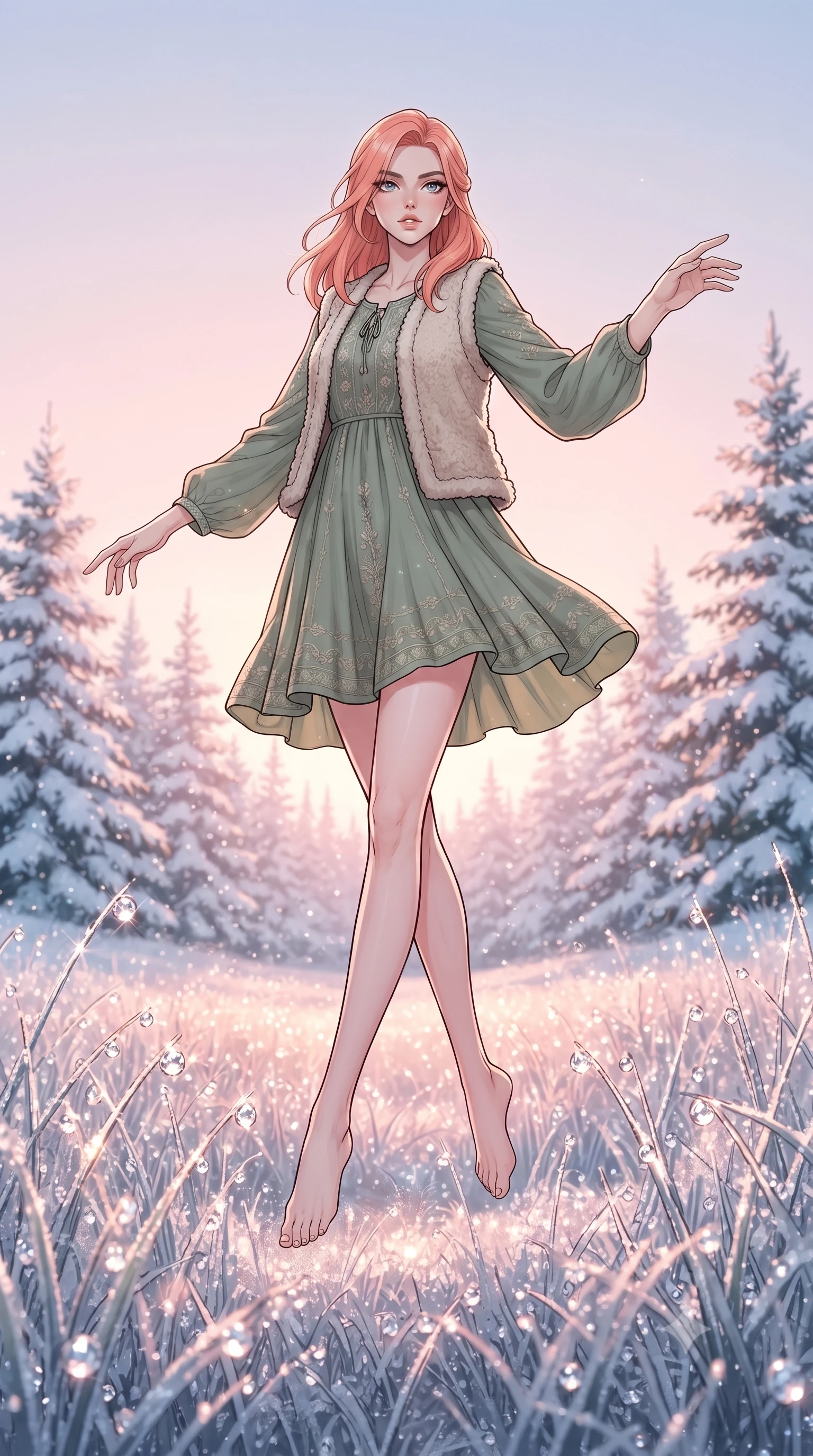 score_9, masterpiece, best quality, ultra-detailed, high-budget anime keyframe, gorgeous anime illustration, with clean line-art and distinct ink outlines, Japanese woman. low angle full-body shot from head to toe showing her feet, filling the entire 9:16 vertical frame with her statuesque presence, stretching her vertical silhouette. floating with ethereal lightness within a meadow covered in frost where every blade of grass is tipped with frozen droplets of dew that sparkle like diamonds, surrounded by snow-draped pine trees under a clear pink morning sky. She has a statuesque 8.5-heads proportion, an exceptionally tall, slender and willowy model-like build with impossibly long legs and a highly sculpted ultra-slim waist. sharp v-shaped jawline, high-bridge nose, intricate jewel-like eyes with depth, thick eyelashes, glossy lips with a natural sheen. wearing a bohemian peasant-style cotton dress in sage green, layered with a cozy oatmeal wool-blend vest. soft pink and gold dawn light reflecting off the ice-tipped grass, creating a sparkling and glowing lower field. 2k, ultra detail, master piece, 9:16 ratio, vibrant anime color palette, detailed cel-shading with soft gradients, rich contrast, dynamic lighting, 2d animation style