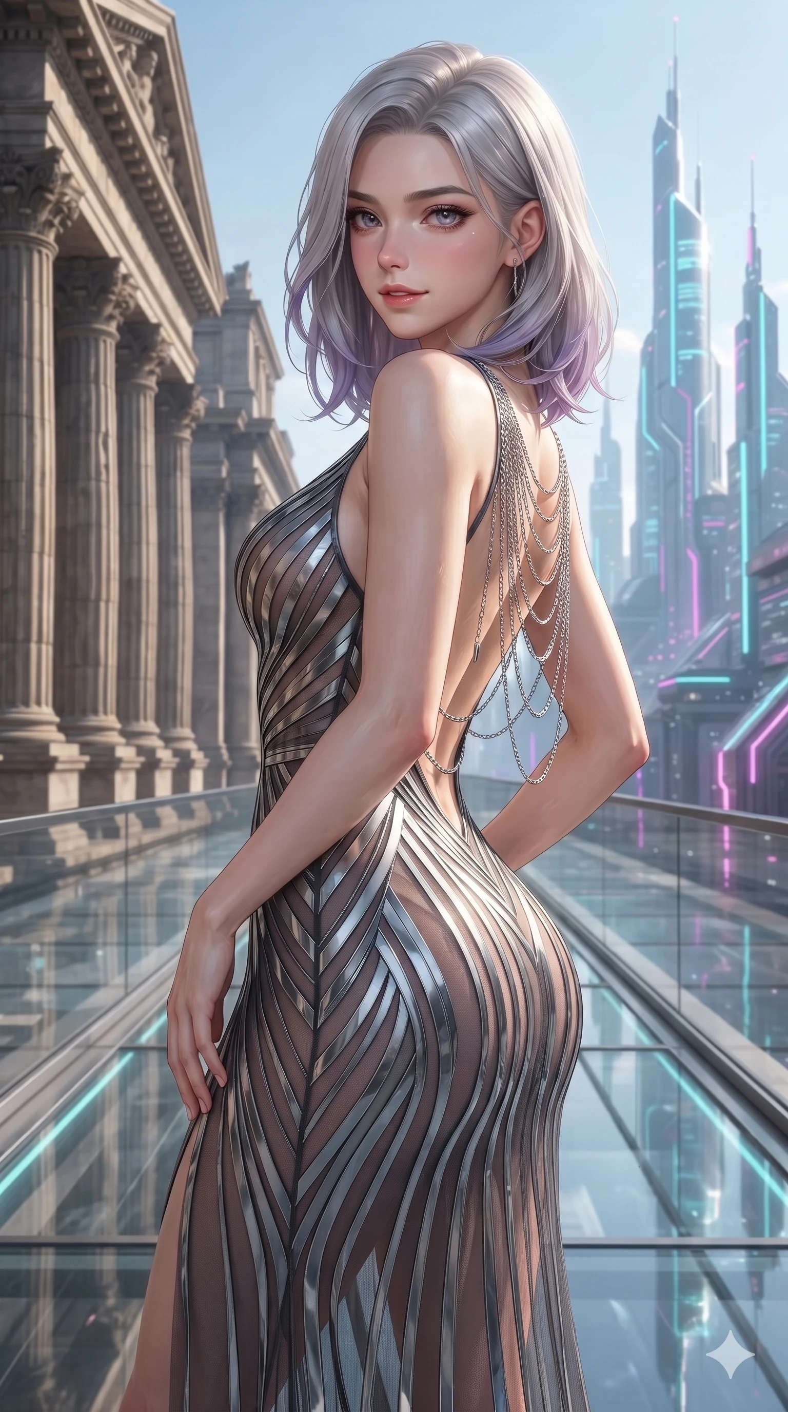score_9, masterpiece, best quality, ultra-detailed, high-budget anime keyframe, editorial fashion photography, tasteful artistic composition, Caucasian woman. close-up cowboy shot from the waist and thighs up, the character dominates the composition, filling the frame with her large presence. arching her spine backward with effortless dancer poise, one hand sliding along her hip line as directional light carves specular highlights along her silhouette while walking slowly along the suspended glass skybridge, looking back over her shoulder with an air of effortless grace and an alluring, smoldering smile as classical stone on one side transitions into gleaming neon cyber-spires on the other. The surrounding environment is rendered in vivid detail and crisp panoramic clarity: detailed liquid-silk jersey evening dress tailoring, open-back leather harness straps, and monumental bridge engineering in razor-sharp precision. She has an exceptionally elegant, slender, and willowy female figure with an ultra-slim waist, flat toned midriff, narrow ribcage, and sculpted feminine hips creating an alluring, slim hourglass silhouette without bulk. sharp v-shaped jawline, high-bridge nose, intricate jewel-like sparkling eyes with depth, thick eyelashes, glossy parted lips with a natural sheen, intensely captivating and seductive bedroom-eyes expression, exuding both youthful cute charm and sovereign luxury allure, flawlessly proportioned anatomical accuracy, strict slender model proportions, natural body alignment, perfectly sculpted long slender limbs, ultra-slim waistline, clean dynamic posture without body distortion. wearing a plunge-front sheer illusion tulle slip dress with liquid platinum ribbon stripes hugging her curves in charcoal grey and polished chrome, made of fluid liquid jersey with seamless sculpting hold and smooth contours, accented with an open-back drape framed by falling strands of delicate chrome chains, the liquid-tight tailored fabric clinging flawlessly to her narrow waist and rounded feminine hips, emphasizing every millimeter of her sculpted slim hourglass curves without any bulky heaviness. illuminated by glass floor bounce and sharp gold-cyan rim lights defining her razor-sharp jawline, narrow waist, and curvy hips. ultra-reflective glossy finish, specular highlights, rich textural contrasts, high-contrast stereoscopic depth, volumetric dynamic lighting, 2k, ultra detail, master piece, 9:16 ratio