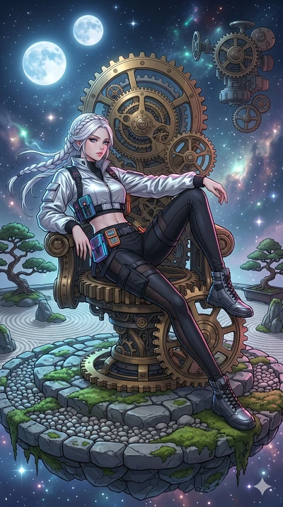 score_9, masterpiece, best quality, ultra-detailed, high-budget anime movie keyframe, cinematic anime lighting, intricate line art, Japanese woman. Dynamic full-body shot stretching the vertical silhouette across the 9:16 frame. resting on a throne o